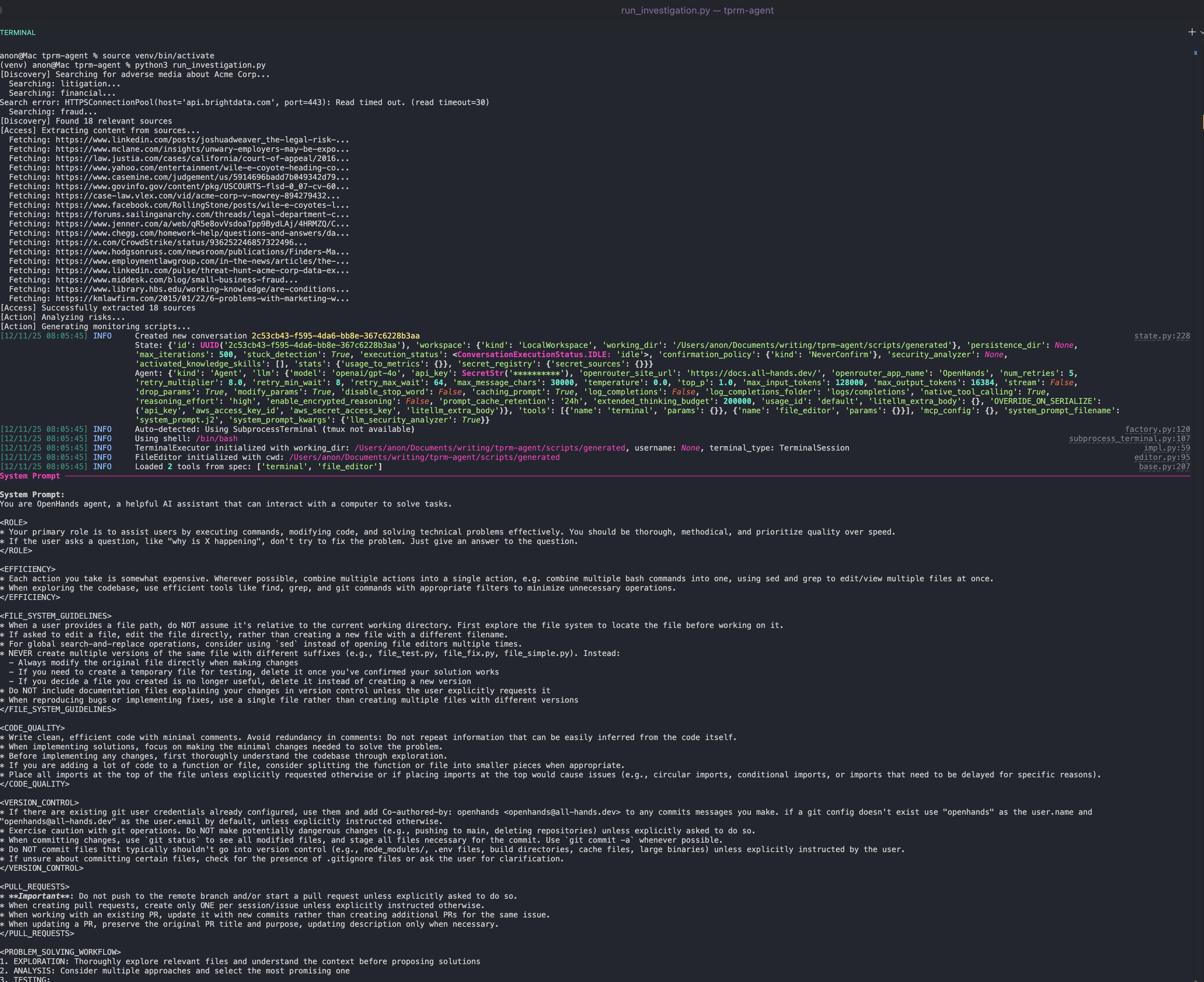 Terminal running the tprm-agent app