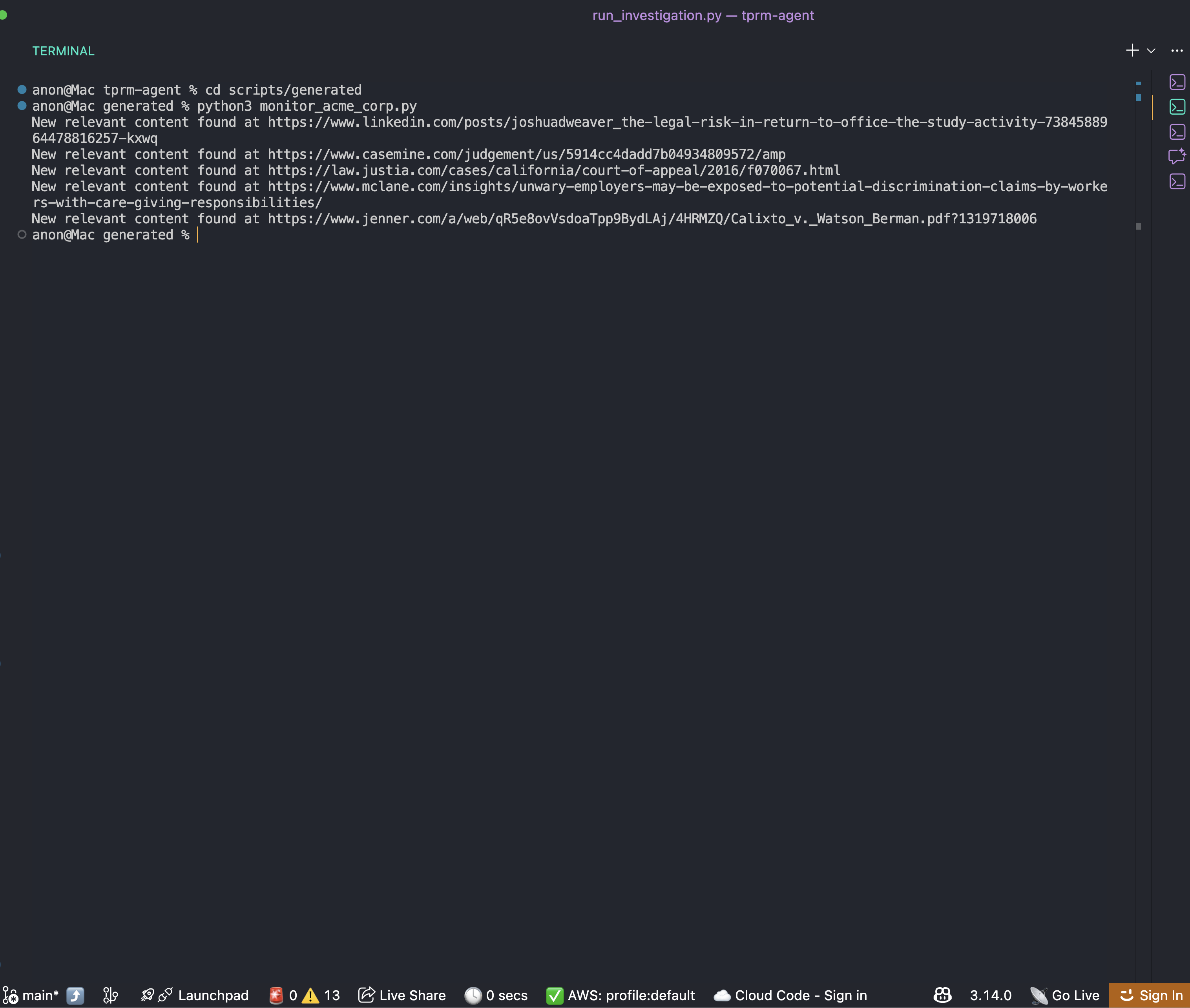 Terminal monitoring the script from tprm-agent app
