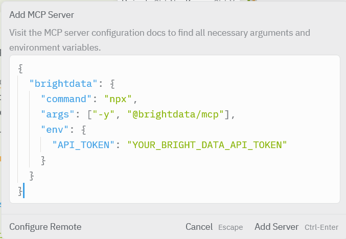 Zed MCP server configuration template for registering a local MCP server.