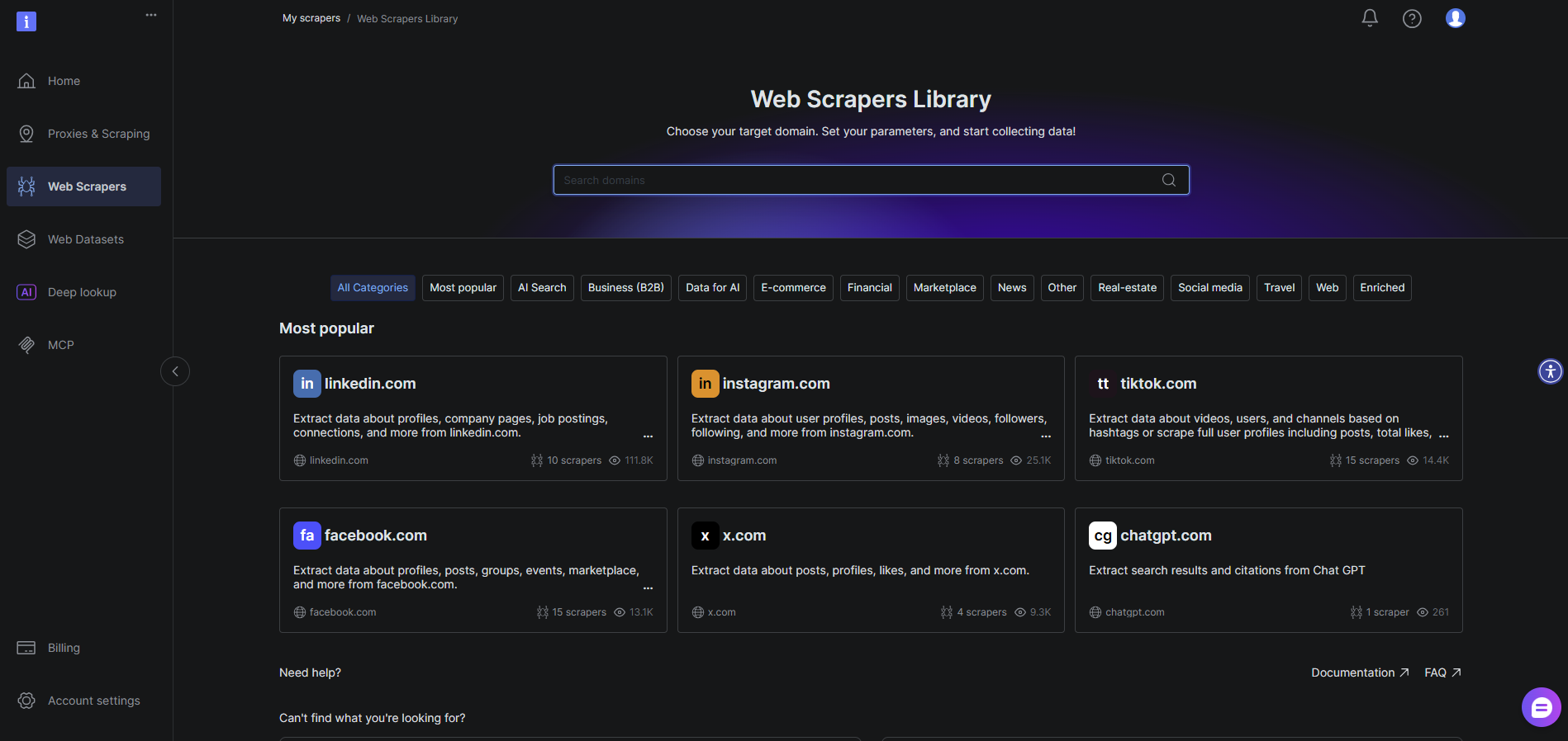 Bright Data dashboard overview page
