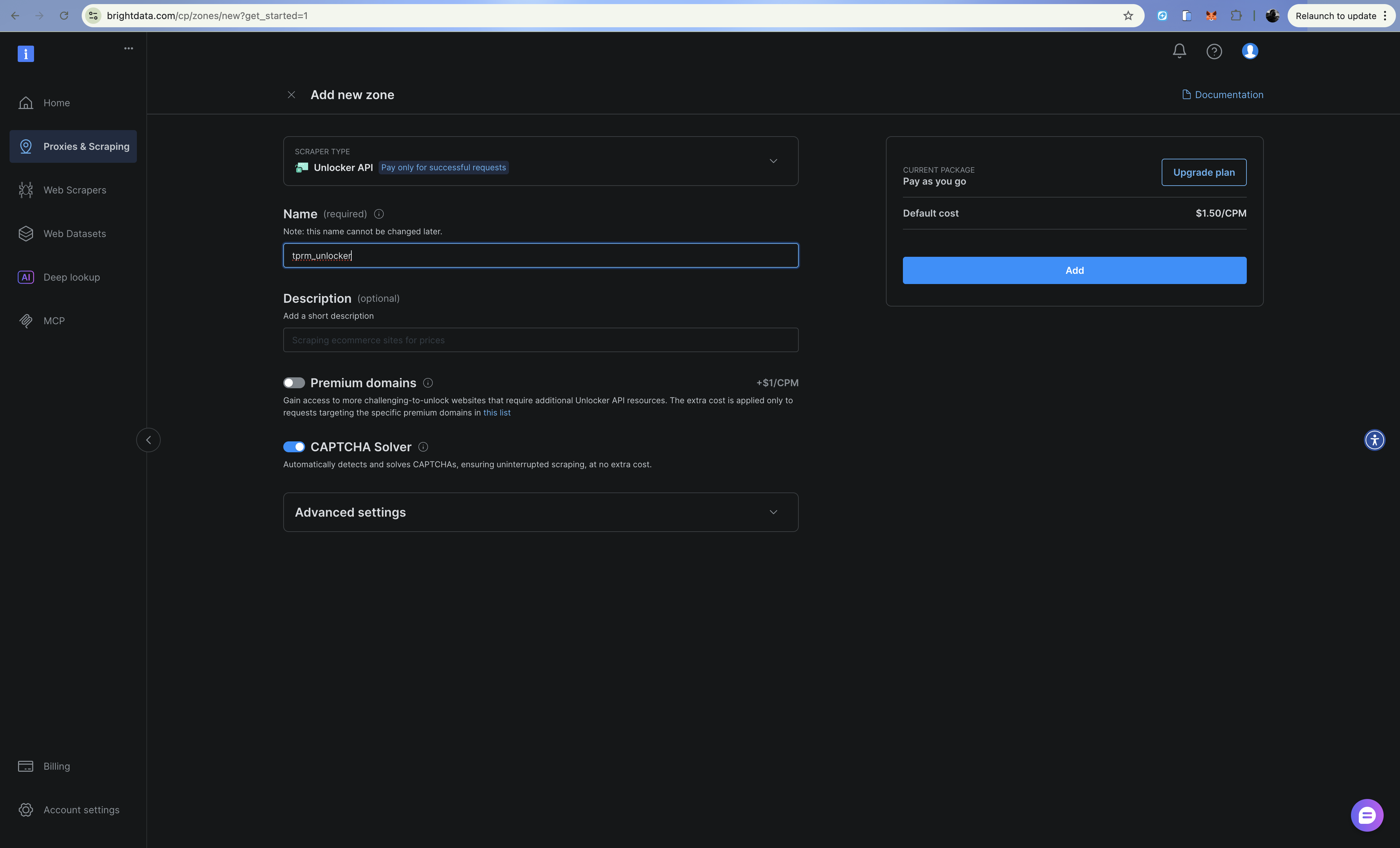 A Bright Data Dashboard Web Unlocker API