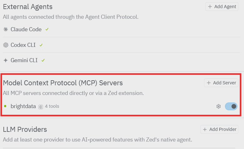 Bright Data Web MCP configured in Zed with the required command and environment variables.