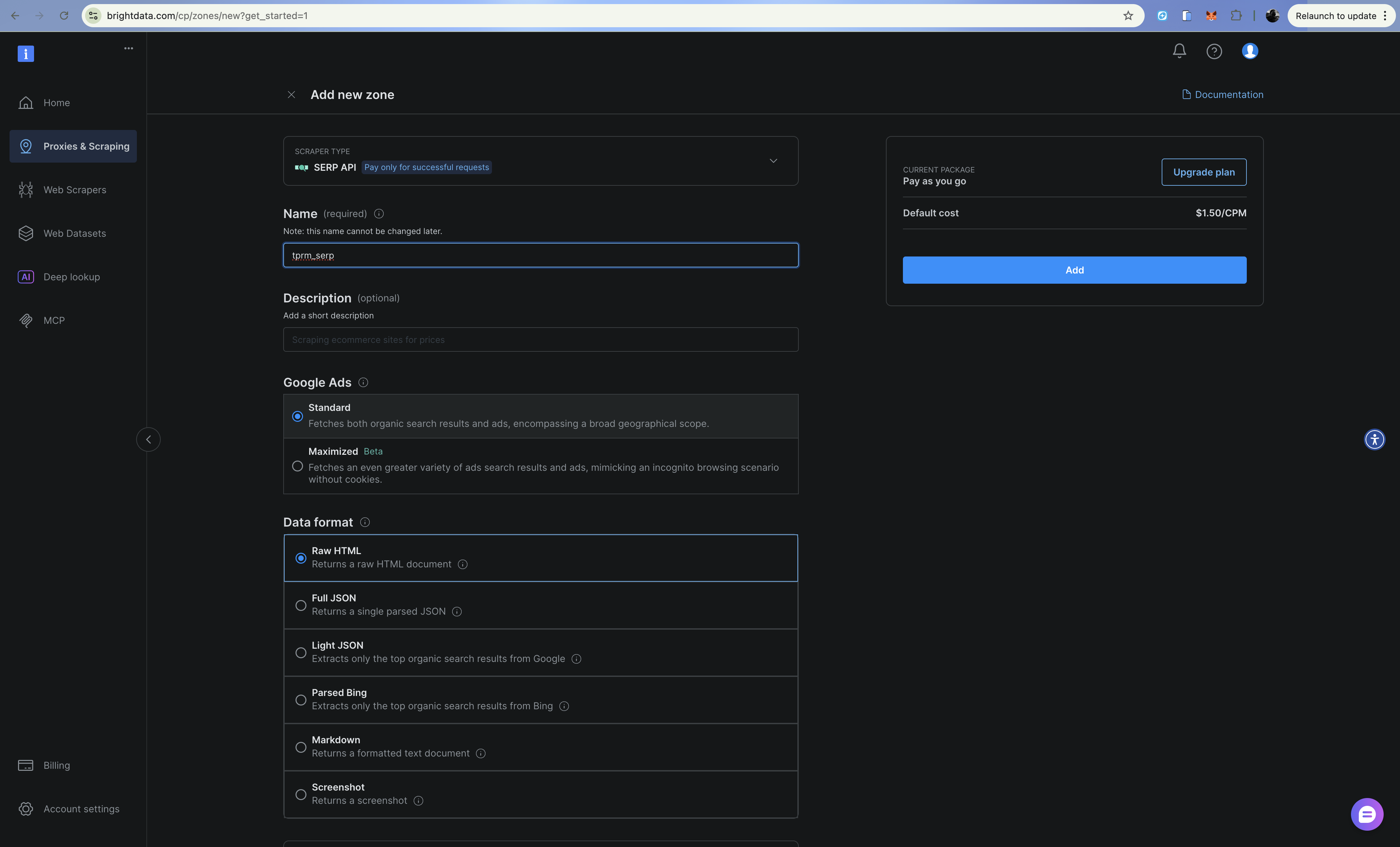 A Bright Data Dashboard SERP API