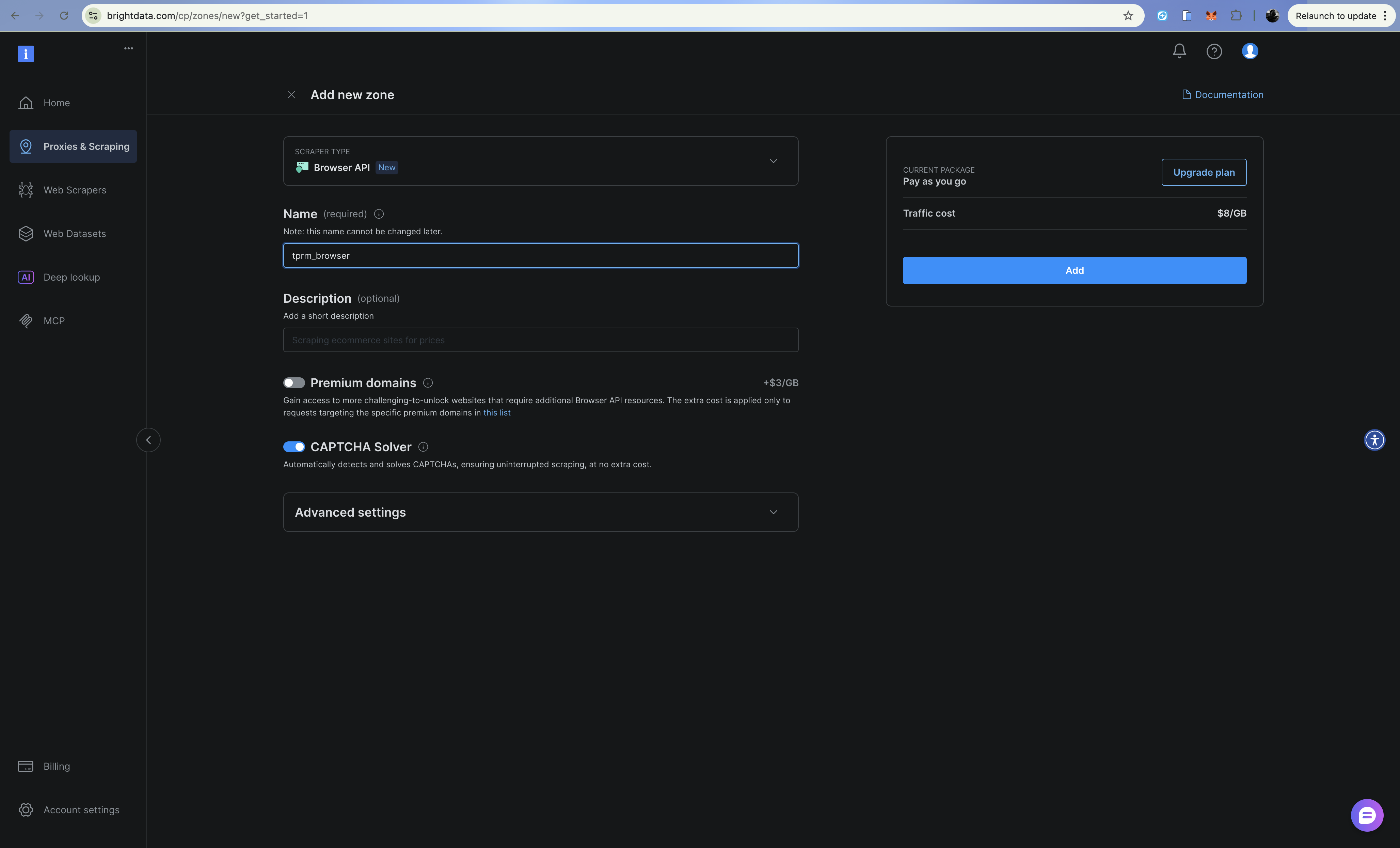 A Bright Data Dashboard Web Unlocker API