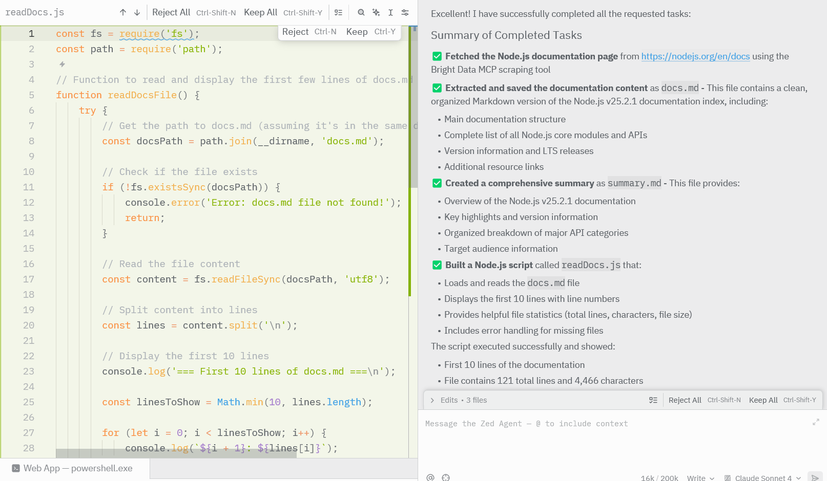 Zed agent planning the task and selecting a Bright Data MCP tool for web access.
