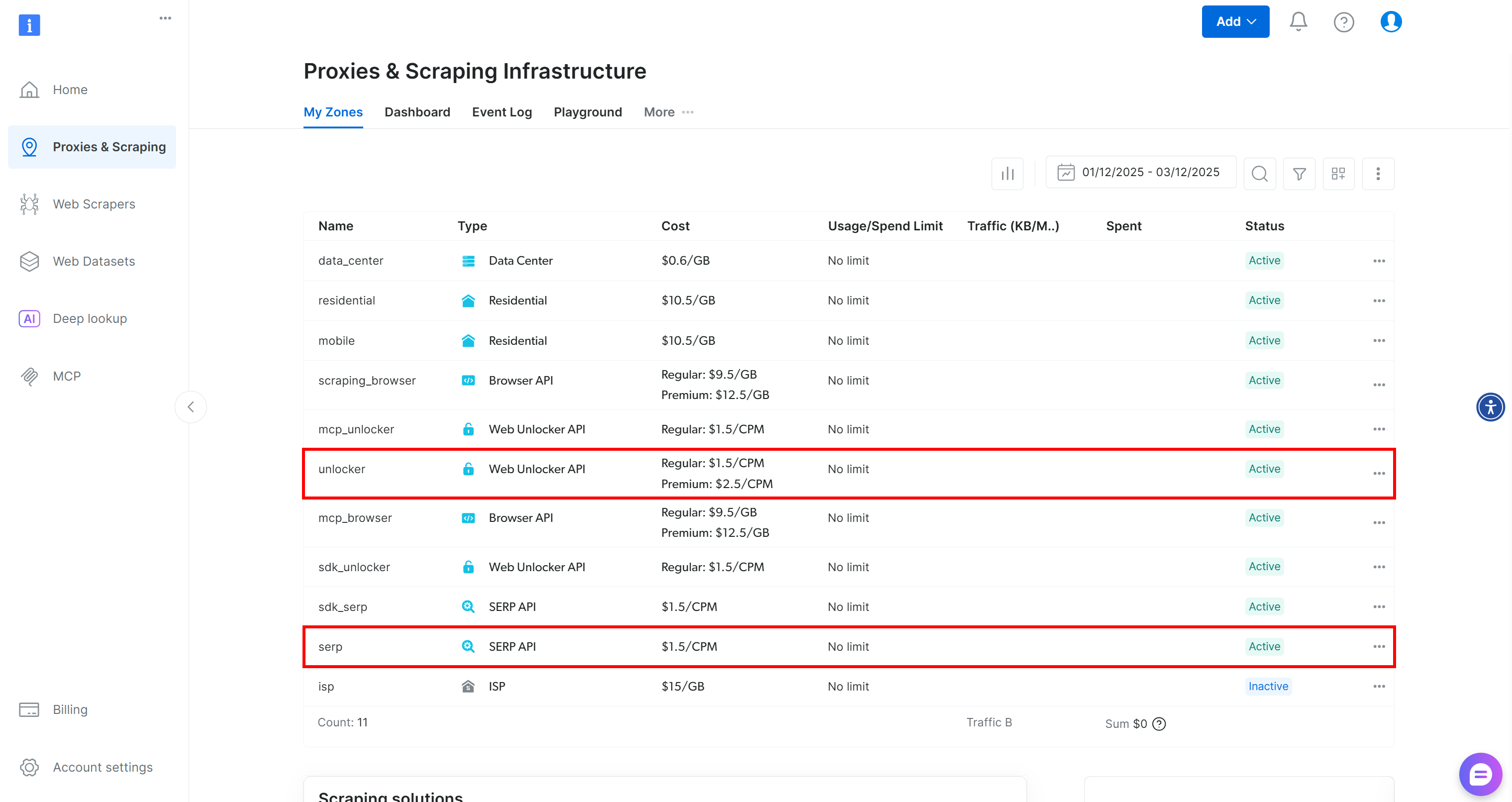 Note the “unlocker” Web Unlocker API zone and “serp” SERP API zone