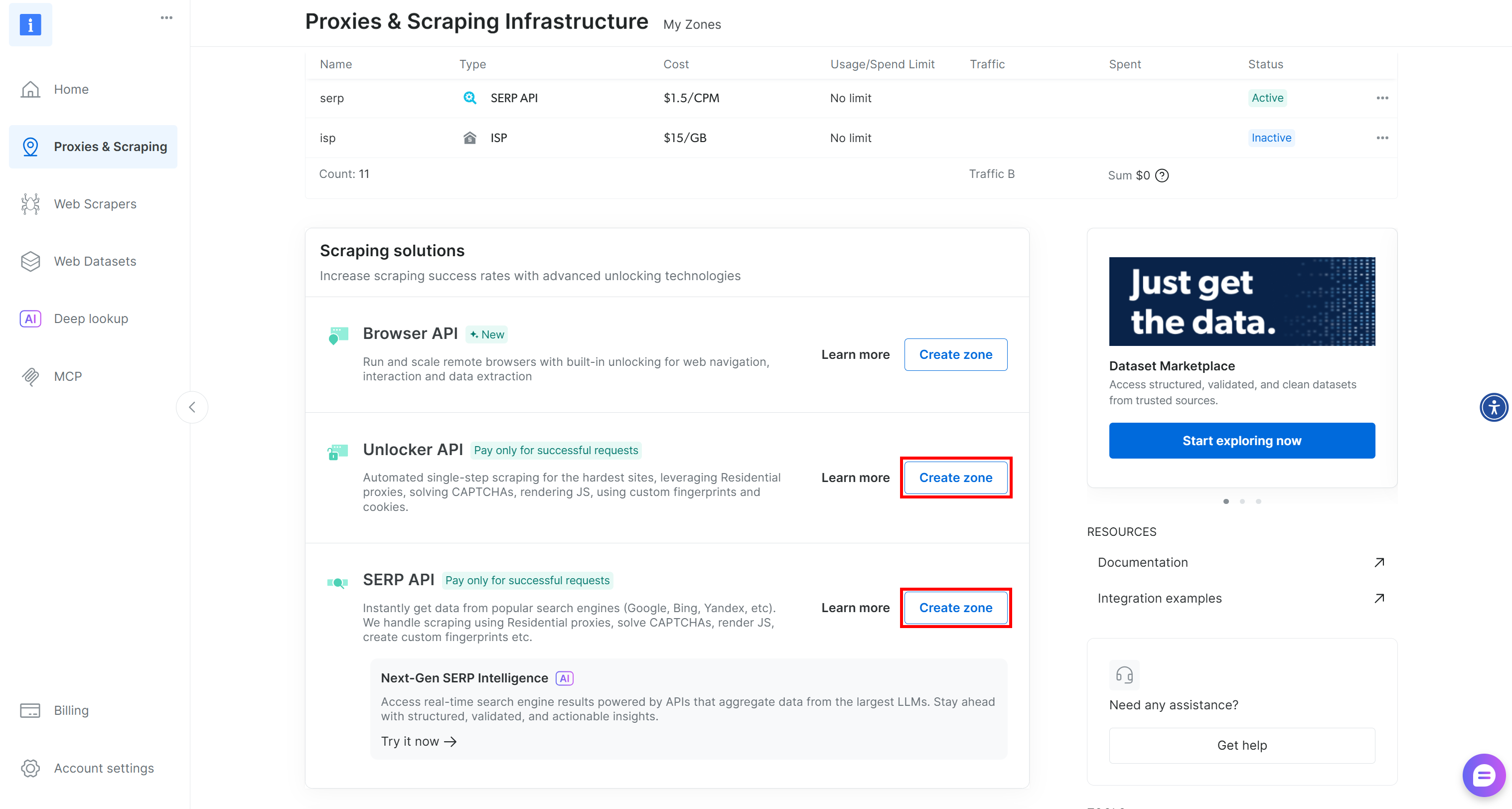 Note the “Create zone” buttons
