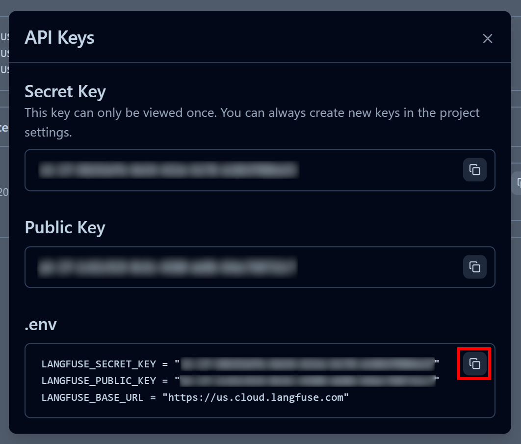 Clicking the “Copy to clipboard” button in the “.env” section