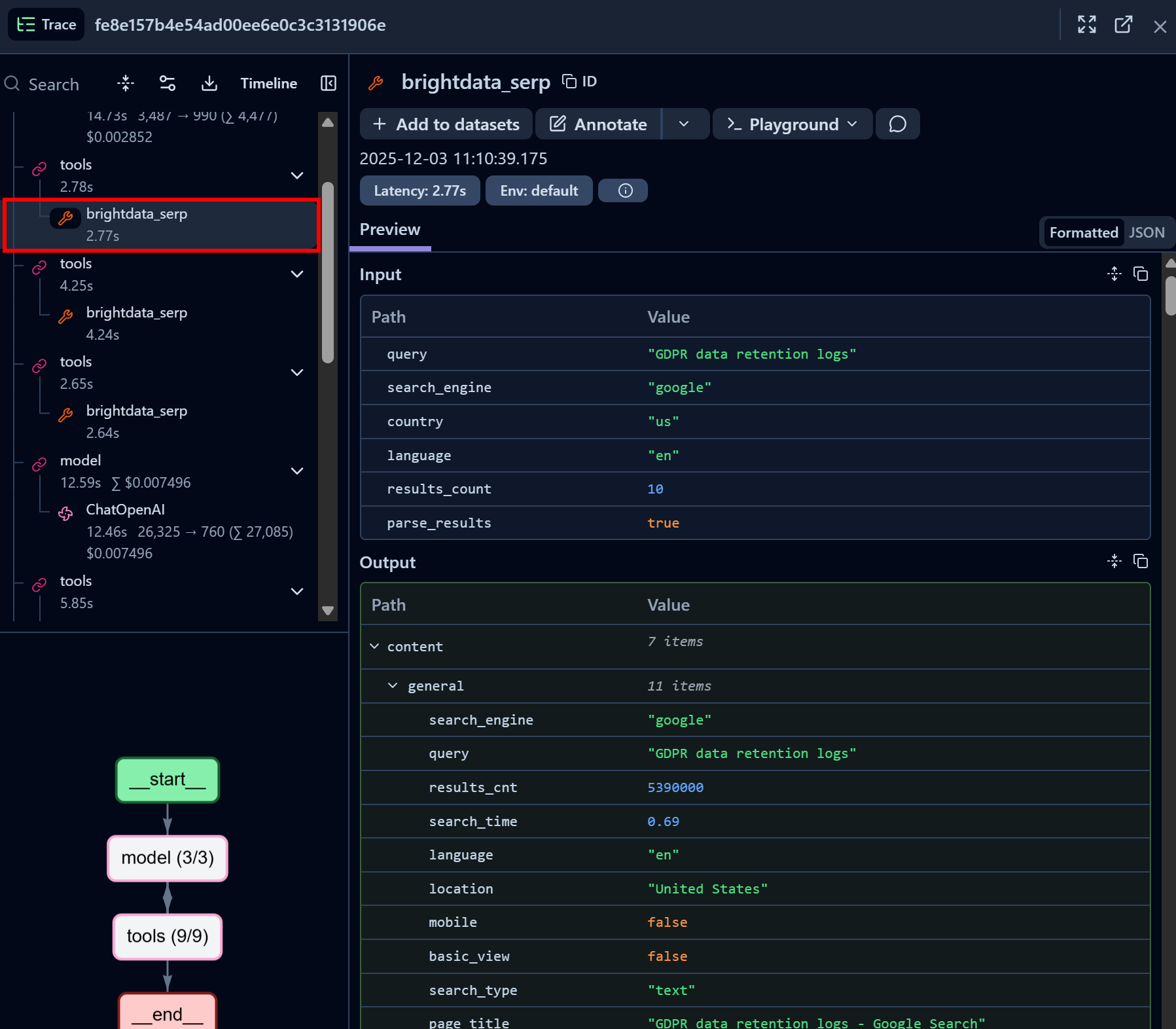 Inspecting a Bright Data SERP API tool call node