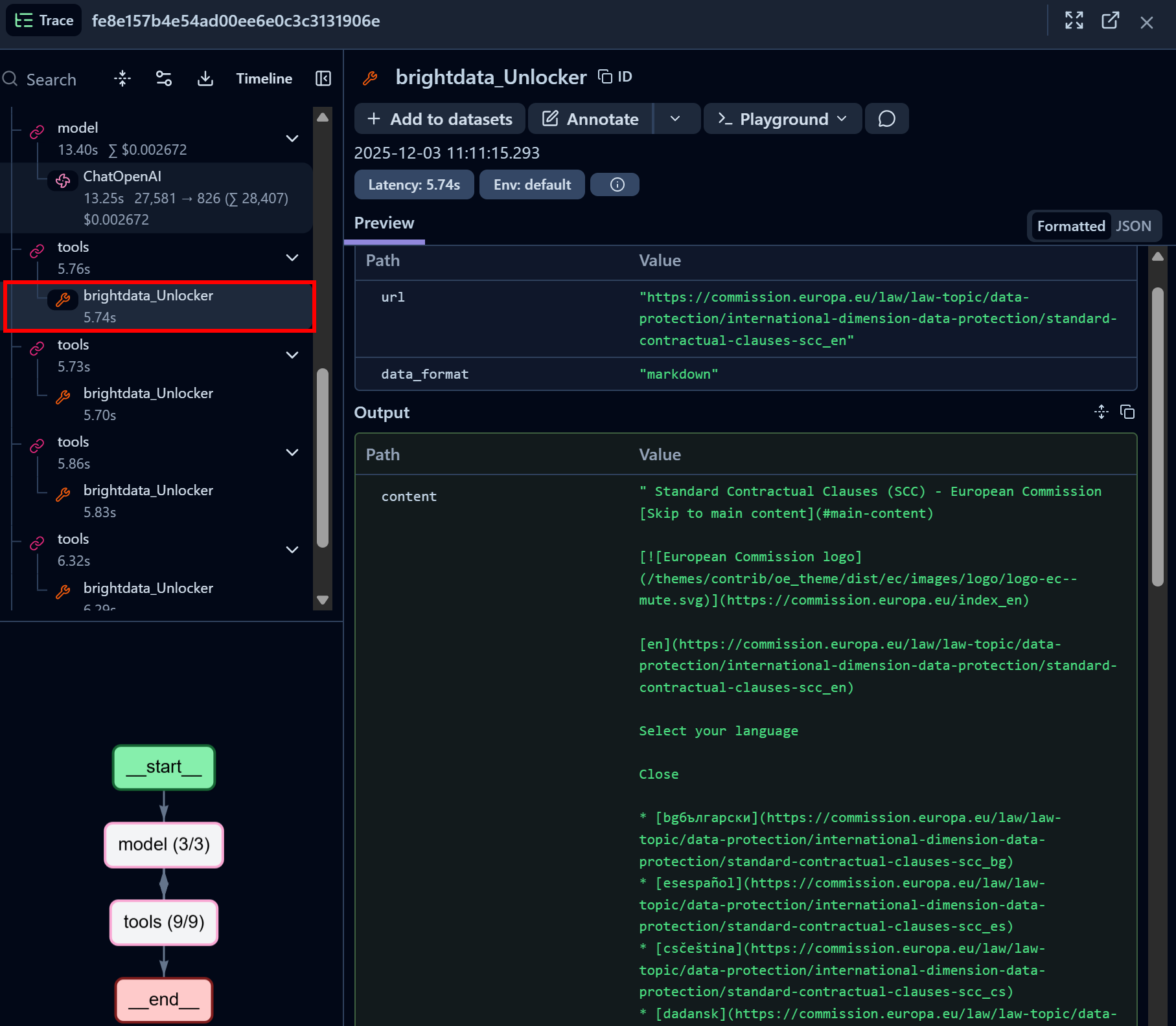 Inspecting a Bright Data Web Unlocker API tool call node