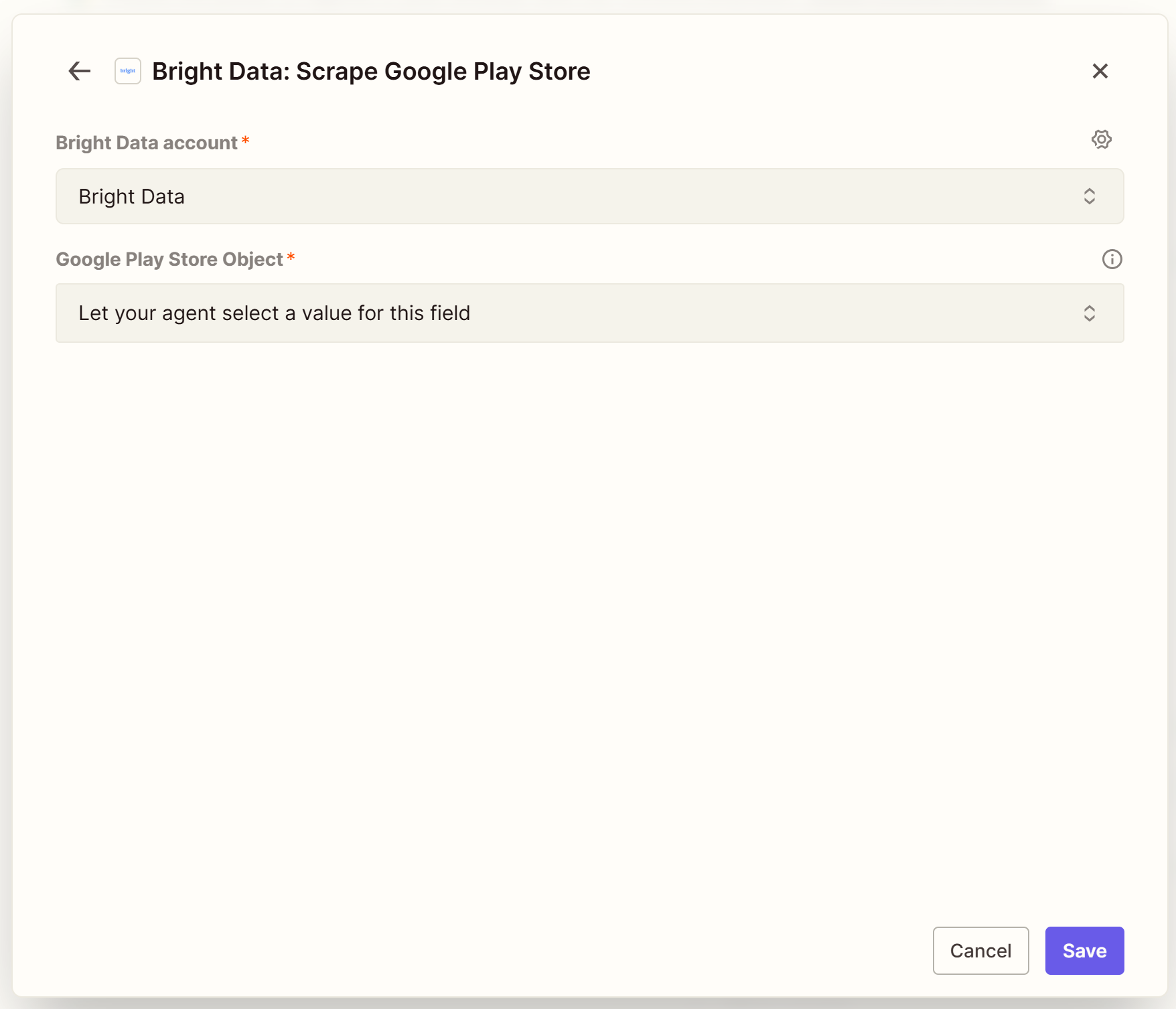 Configuring the “Bright Data: Scrape Google Play Store” tool