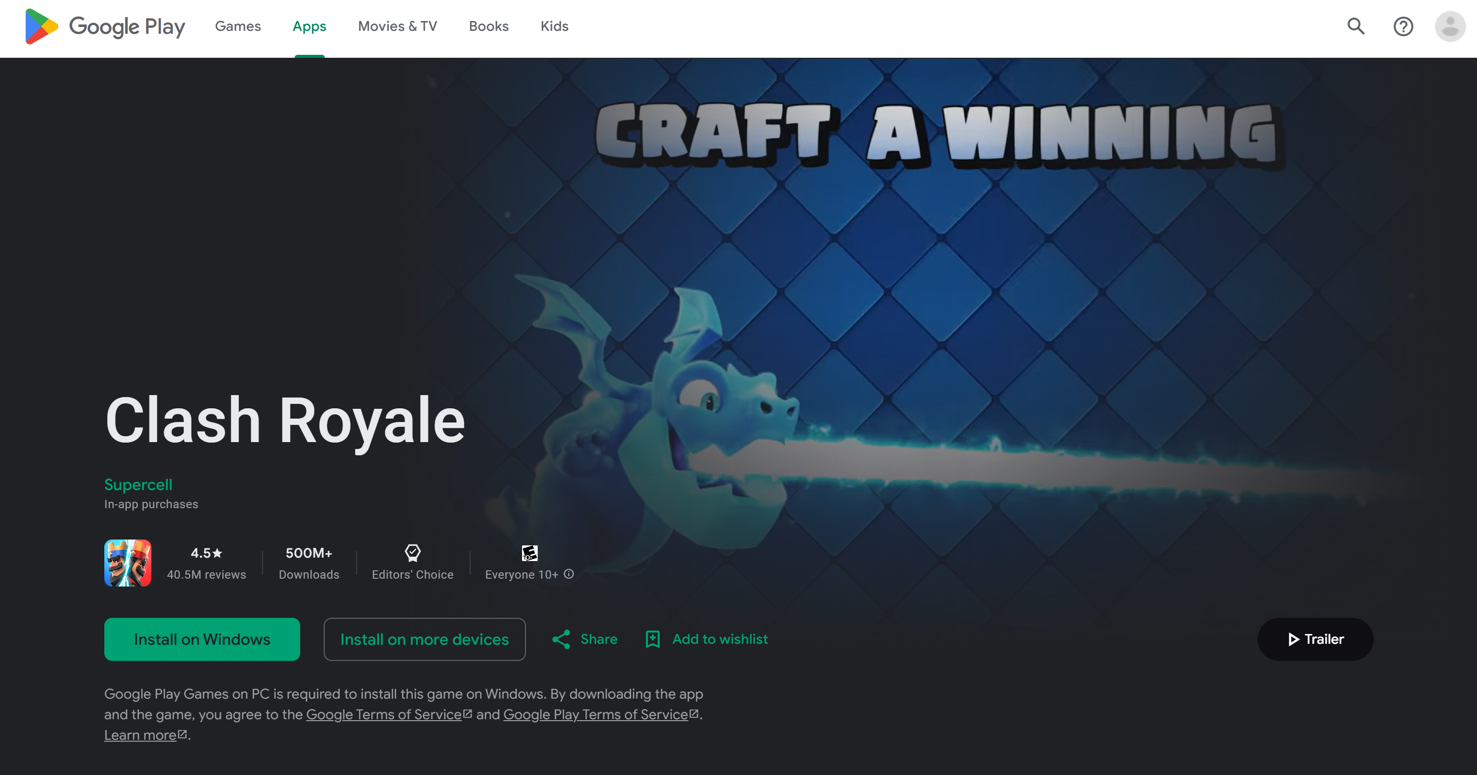 The Clash Royale Google Play Store page