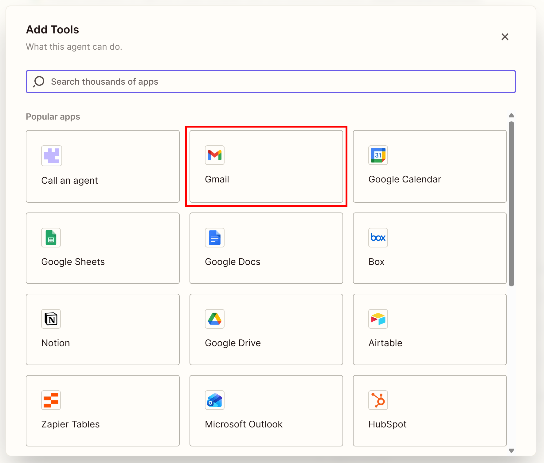 Selecting the “Gmail” tool