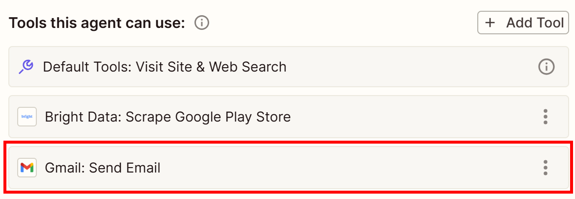 Note the “Gmail: Send Email” tool