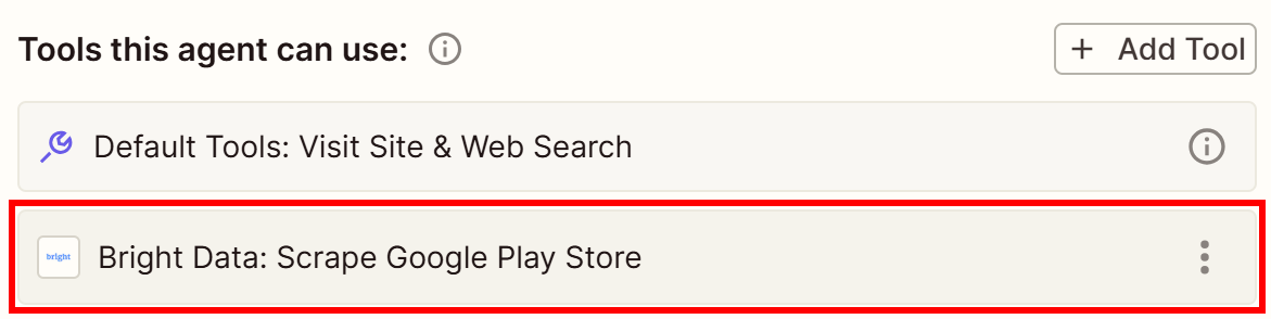 Note the “Bright Data: Scrape Google Play Store” tool