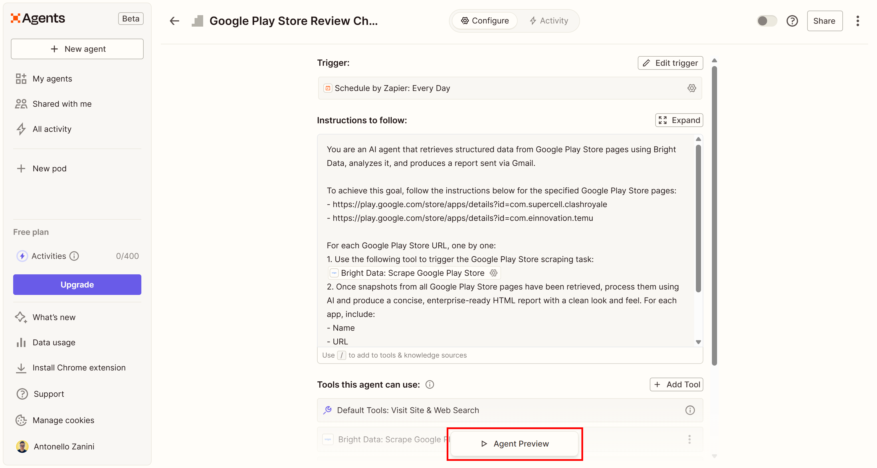 Pressing the “Agent Preview” button