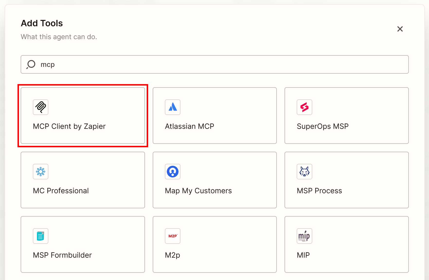 Selecting the “MCP Client by Zapier” option