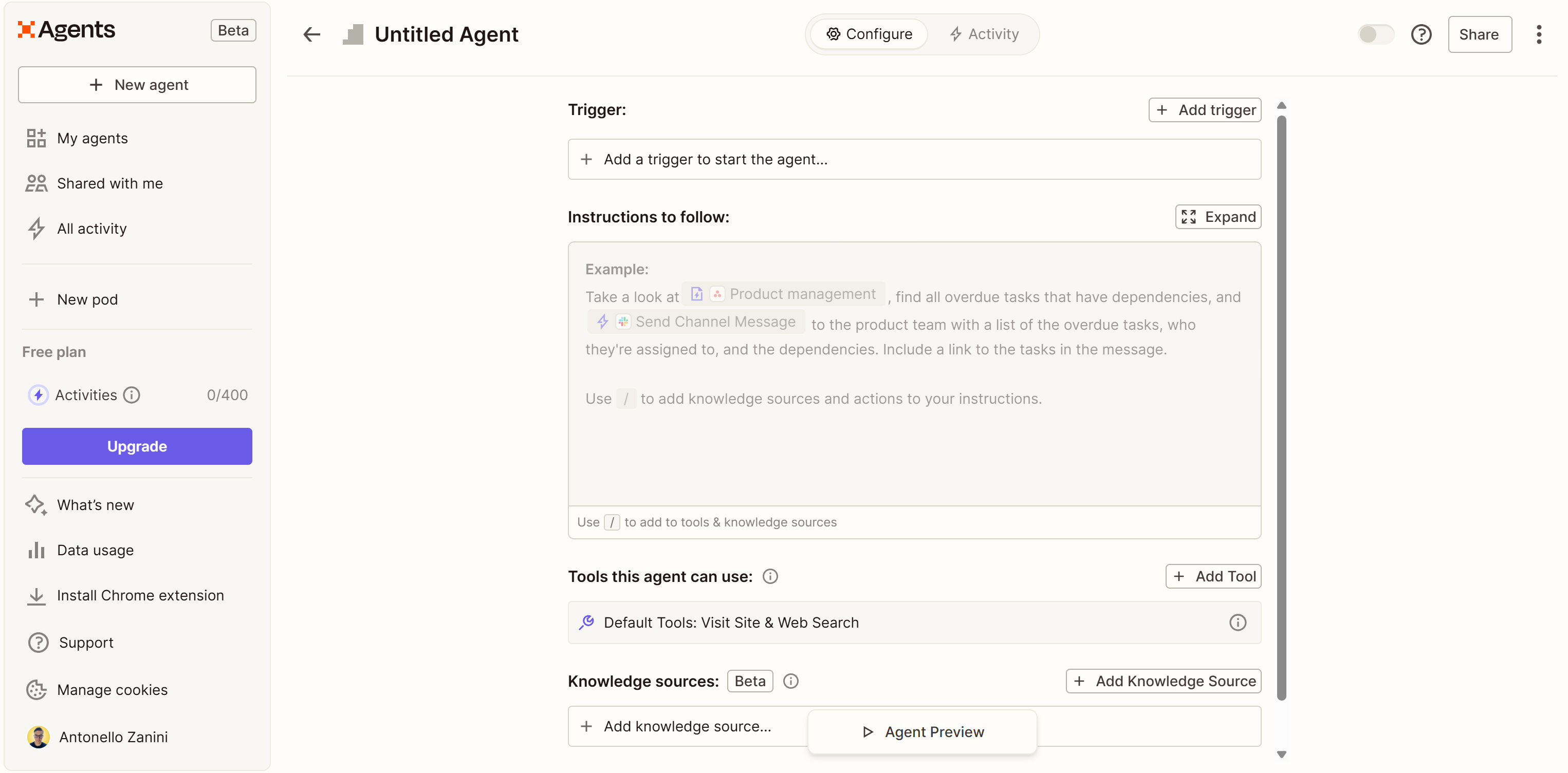 The Zapier Agents configuration page for “Untitled Agent”
