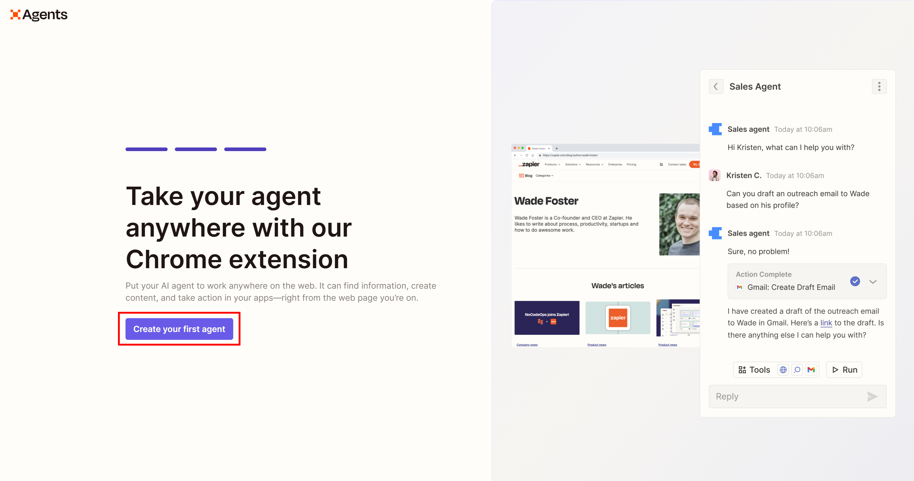 Pressing the “Create your first agent” button