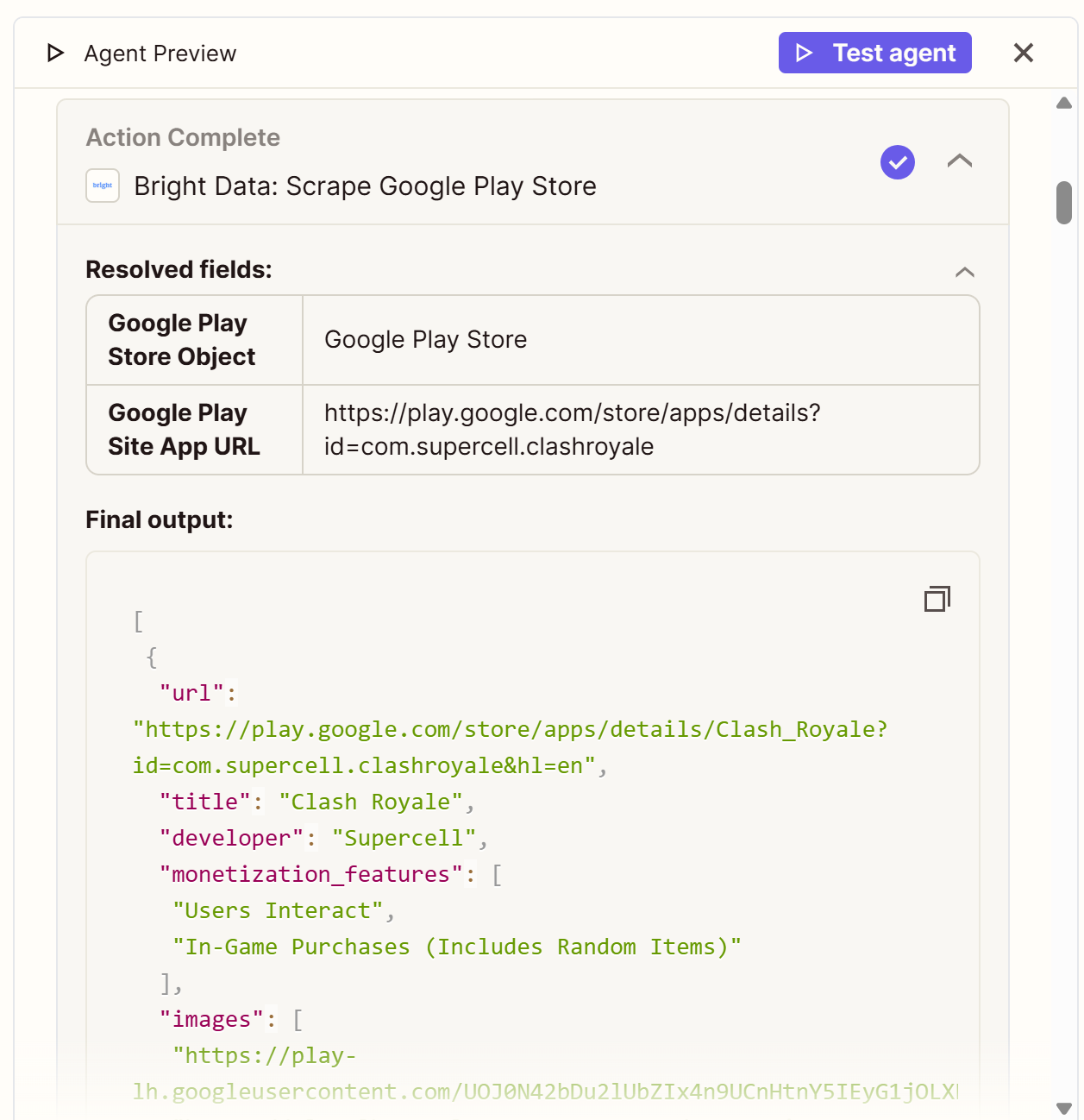Note the information on the “Bright Data: Scrape Google Play Store” dropdown