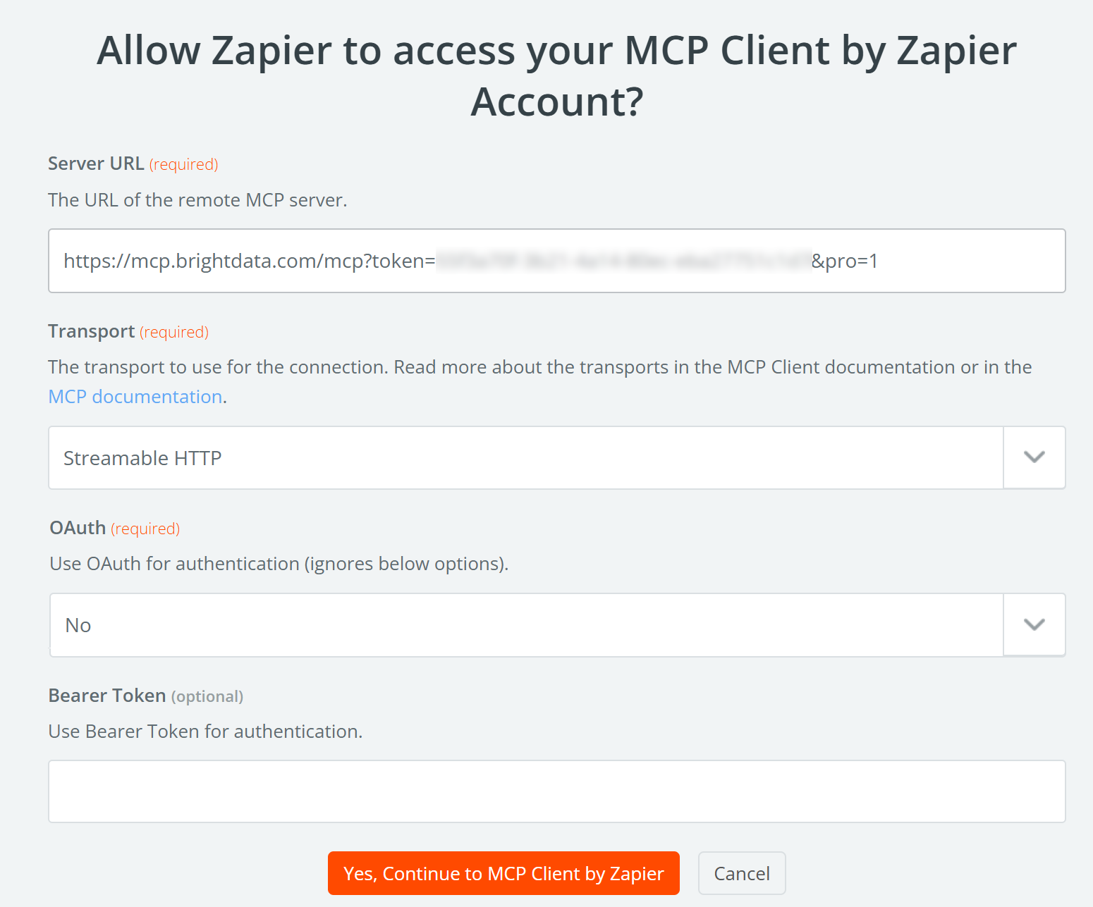 Configuring the Bright Data Web MCP connection in the Zapier MCP client