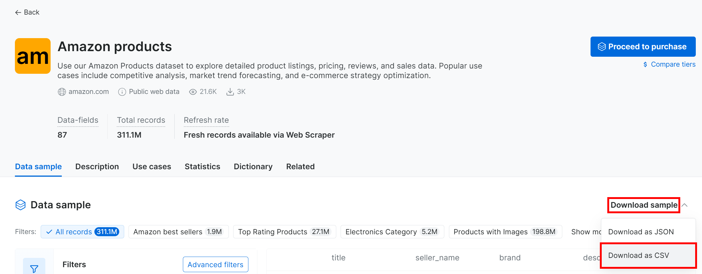 Selecting the “Download as CSV” option