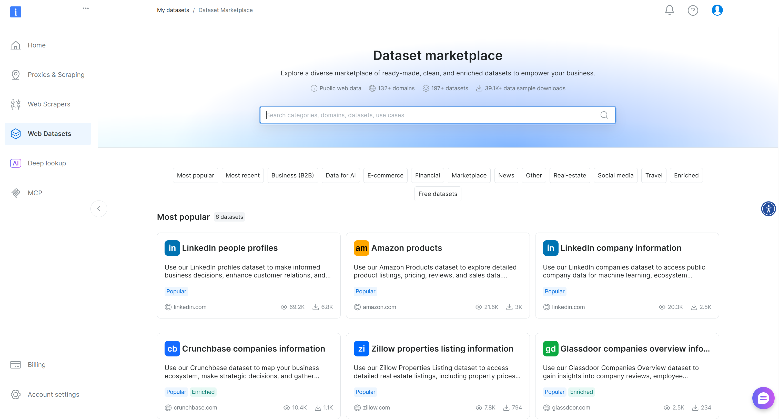 The “Dataset marketplace” page on your Bright Data account