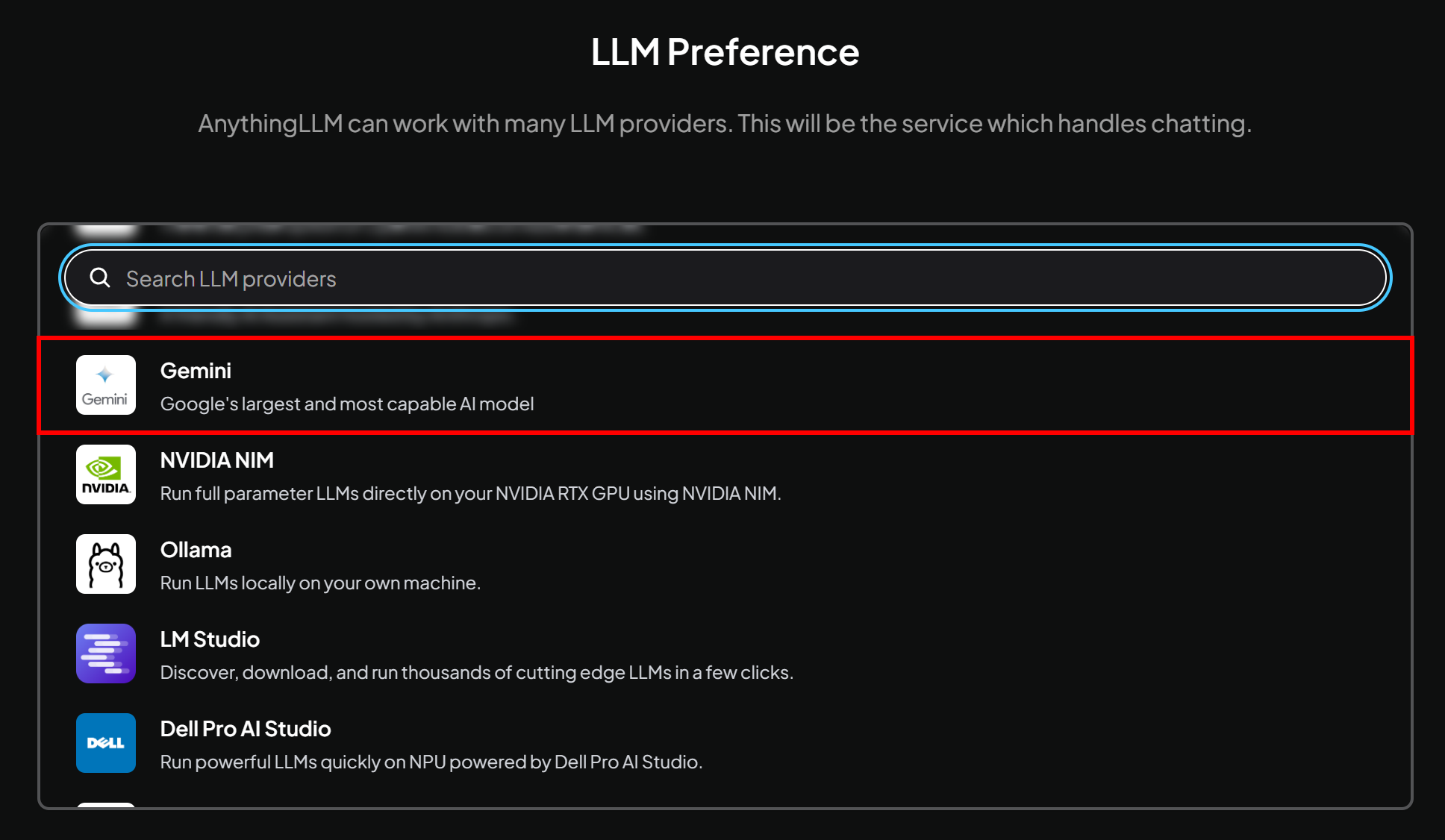 Selecting Gemini as the LLM provider