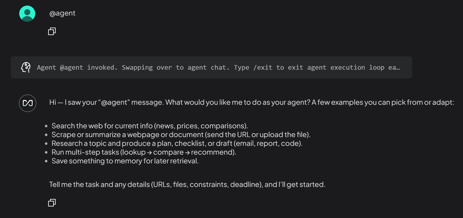 Starting an AI agent session in the chat