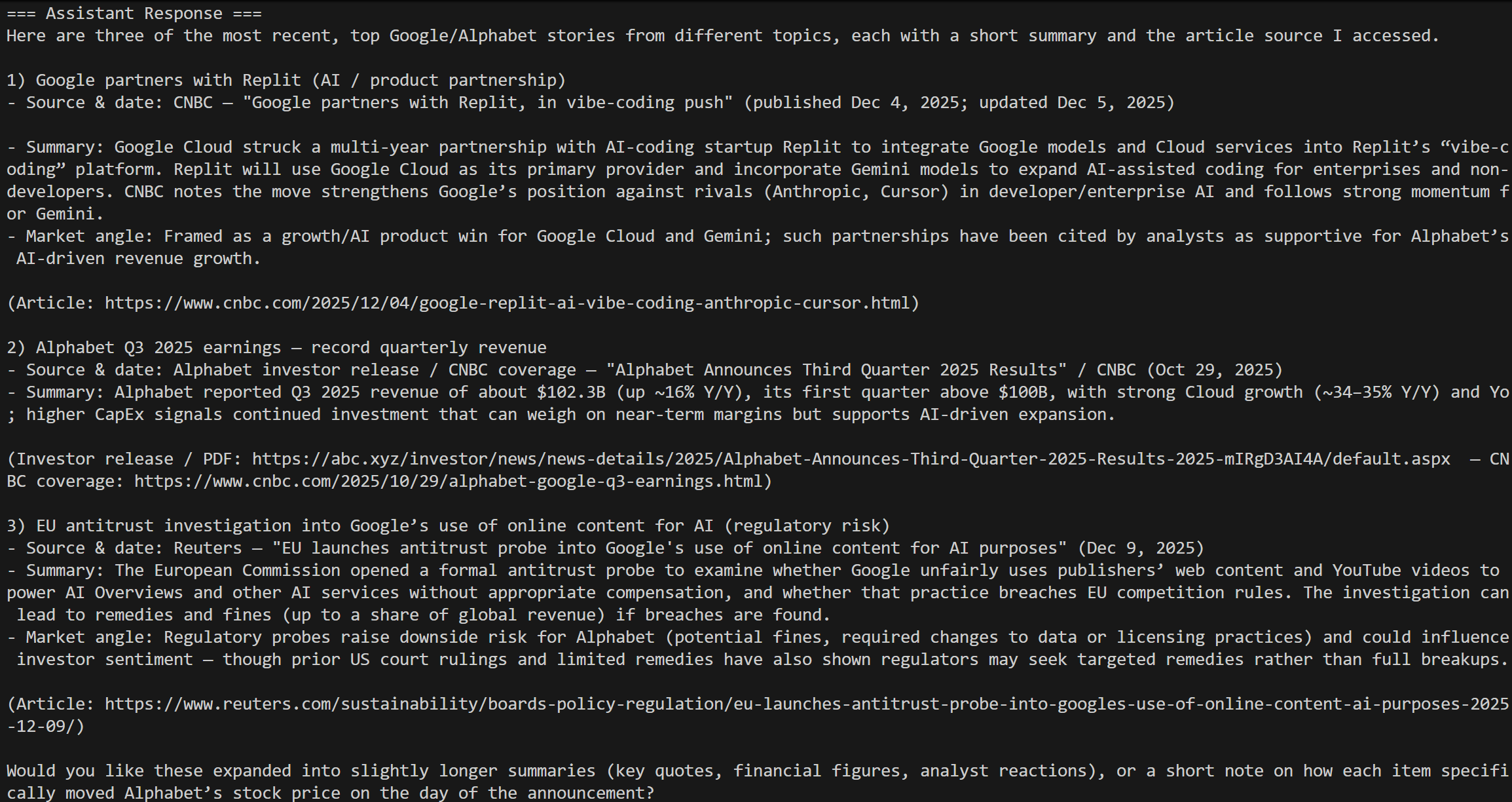 The report with the news summaries produced by the agent