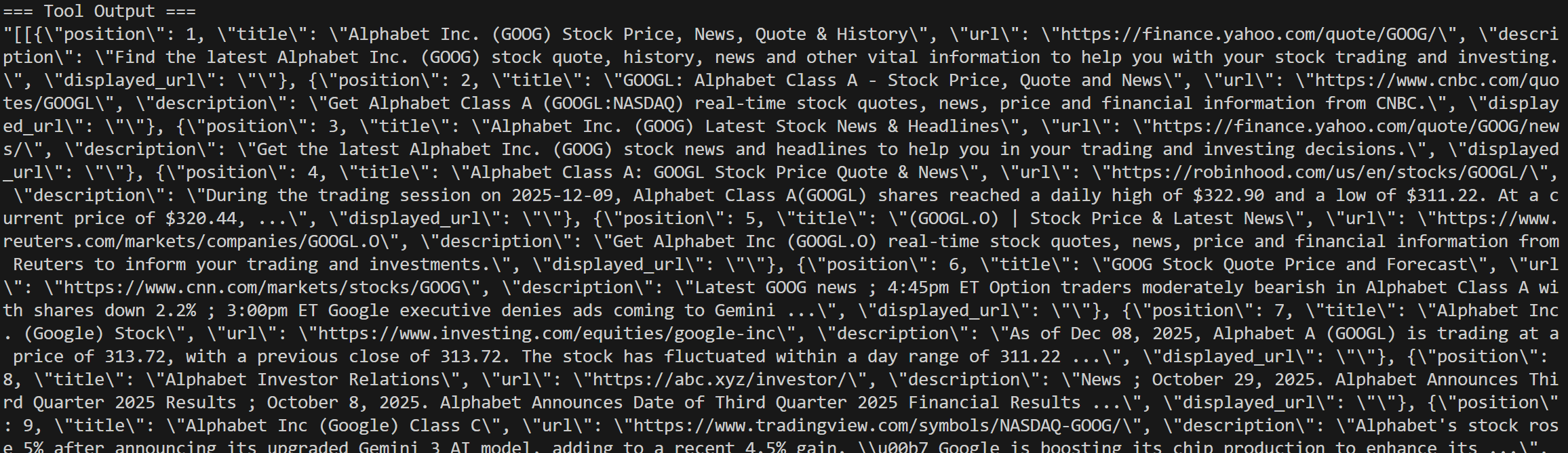 The logs for the serp_api_tool call