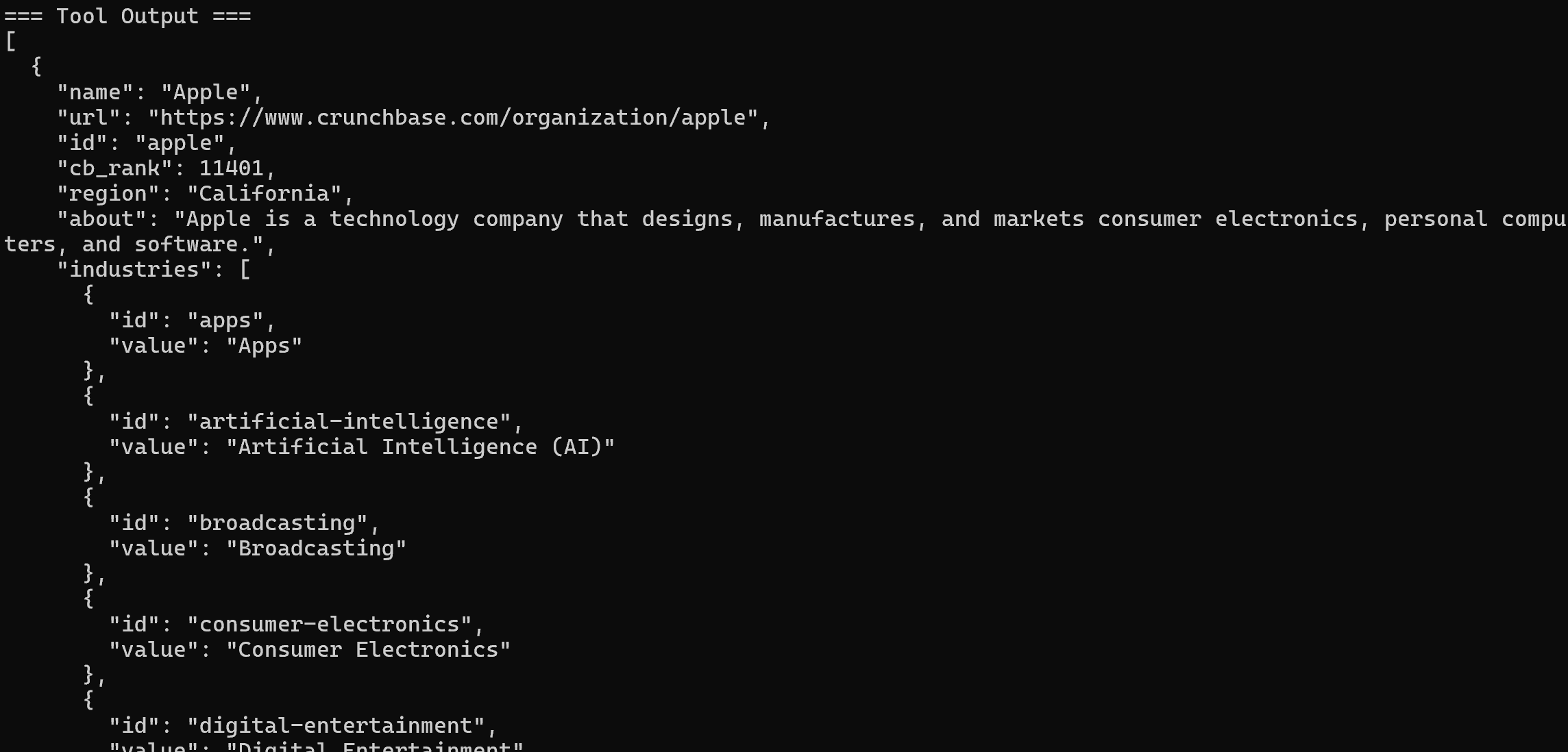 The output of the “web_data_crunchbase_company” tool call