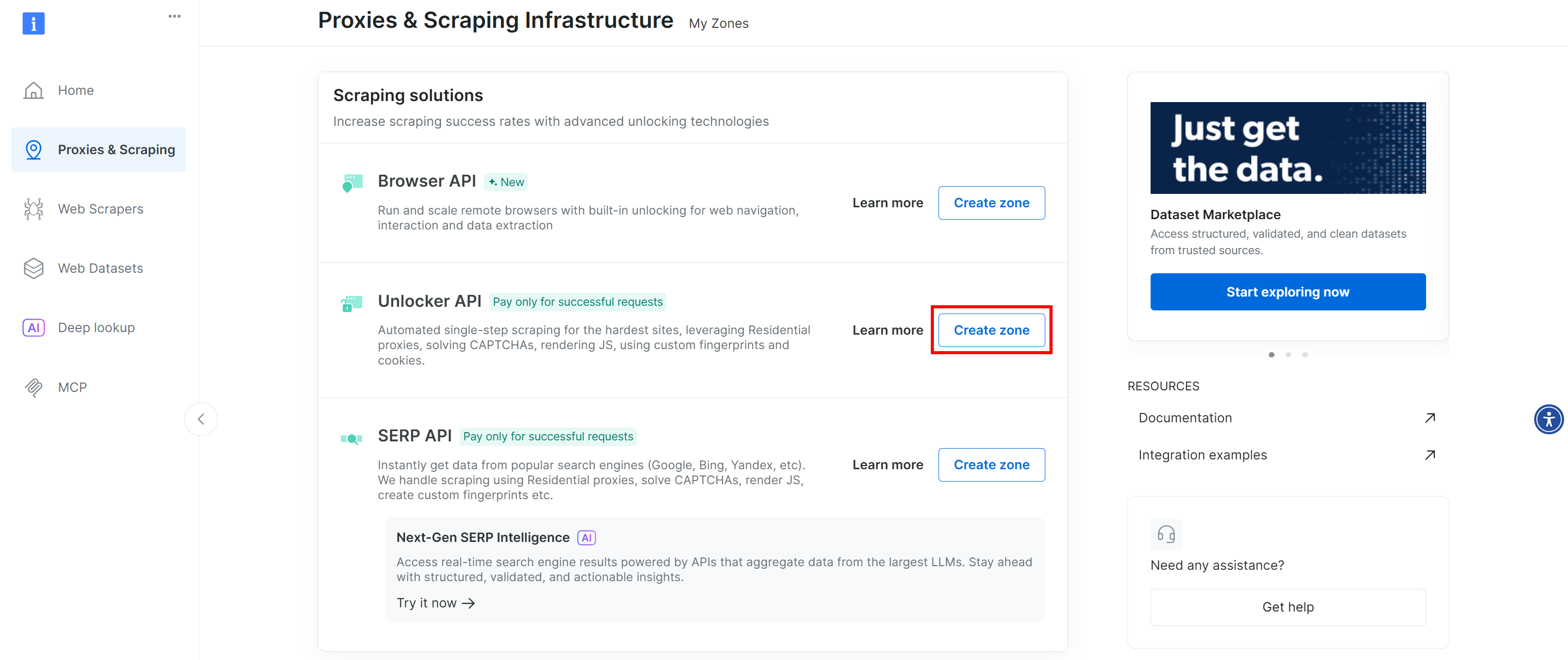 Pressing the “Create zone” button in the “Unlocker API” zone