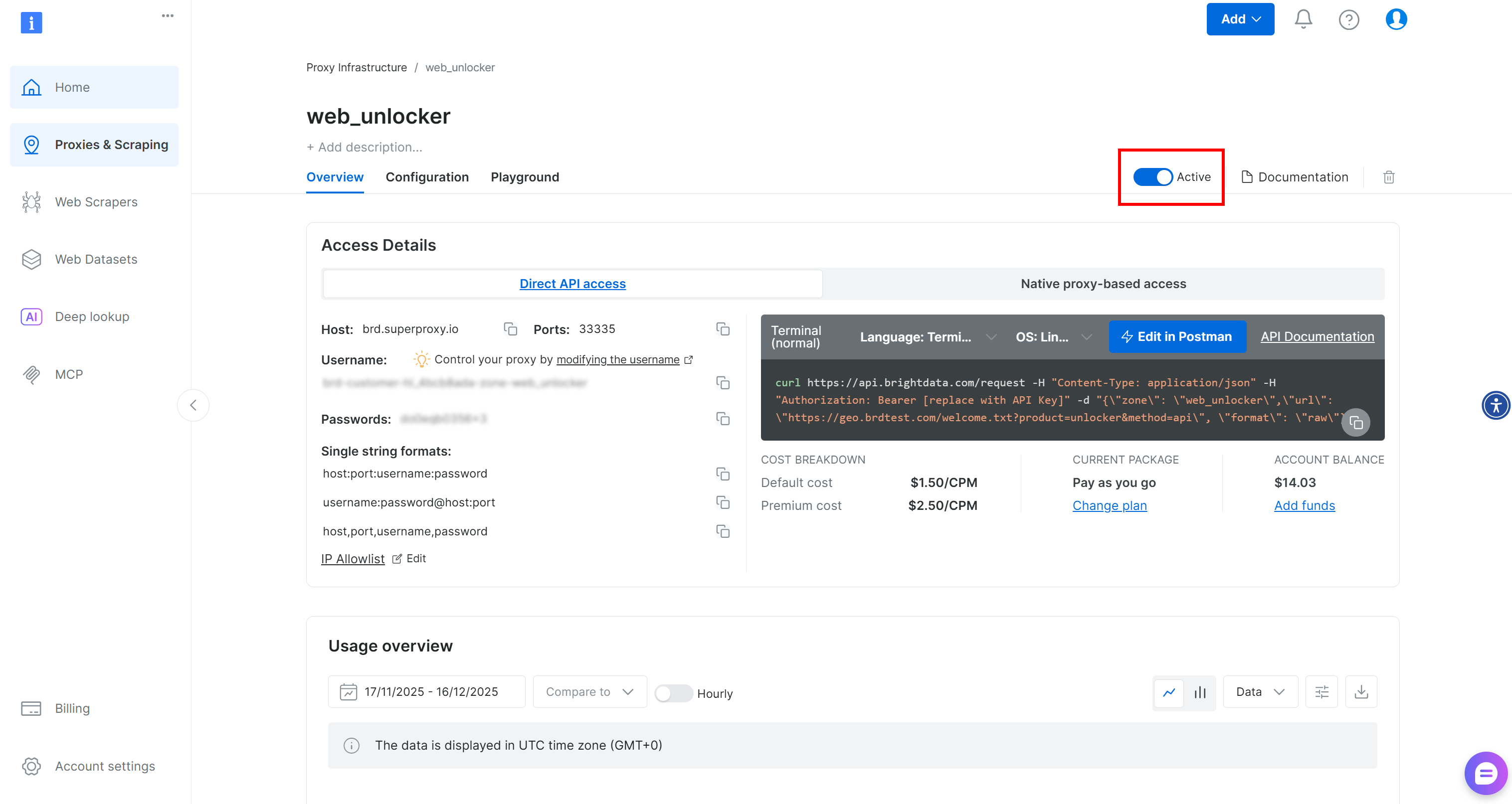 Making sure the Web Unlocker API zone is activated