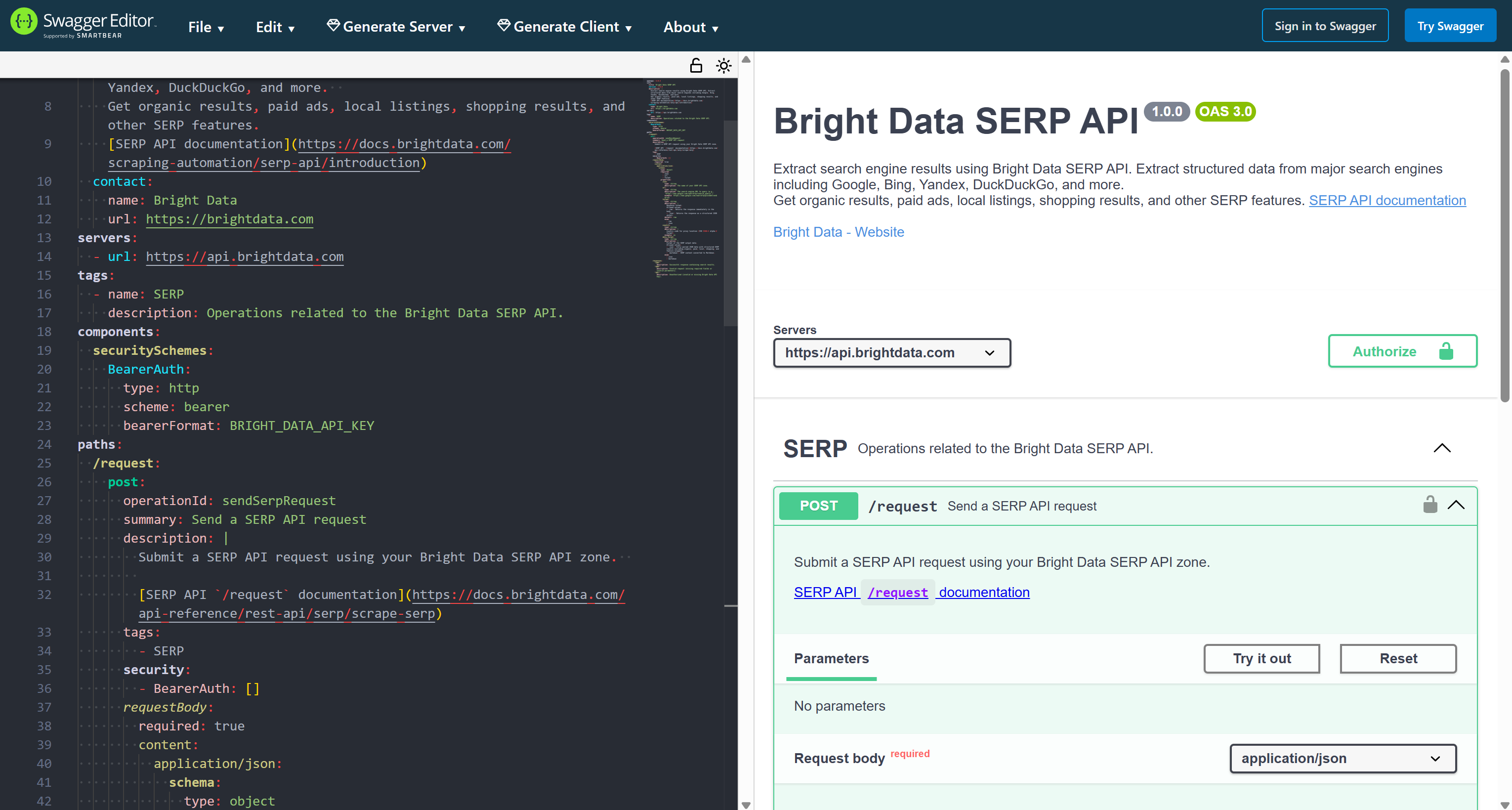 Testing the Bright Data SERP API specification in Swagger