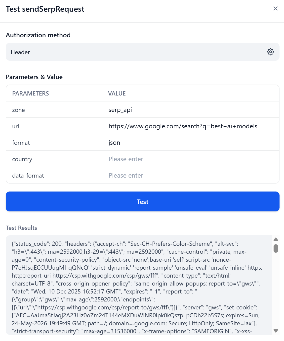 Testing the SERP API tool