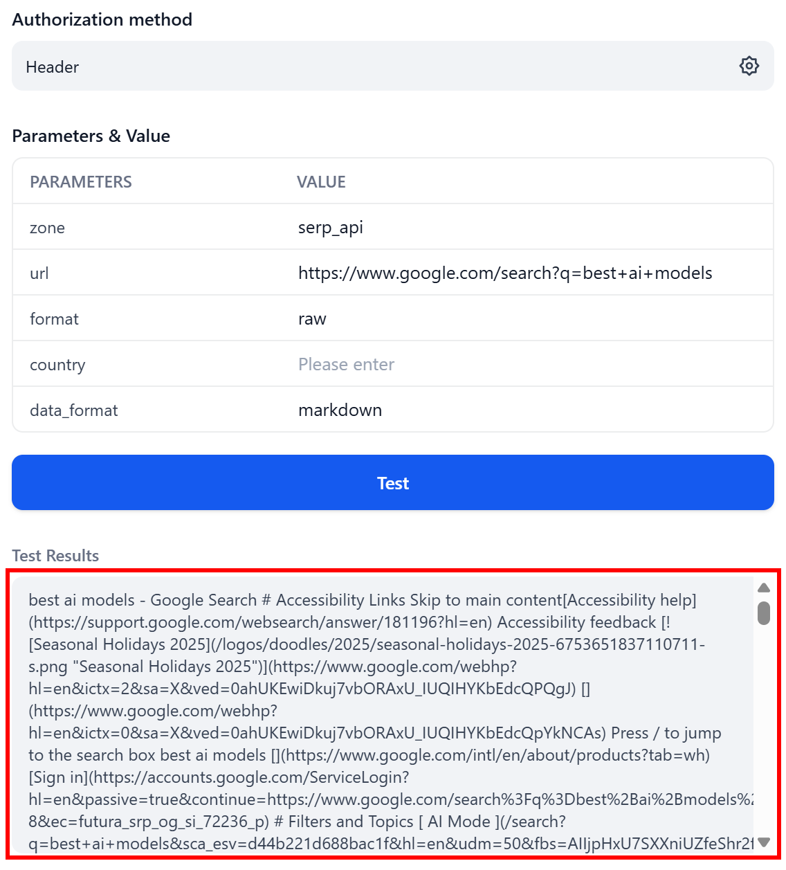 Note the SERP result in Markdown