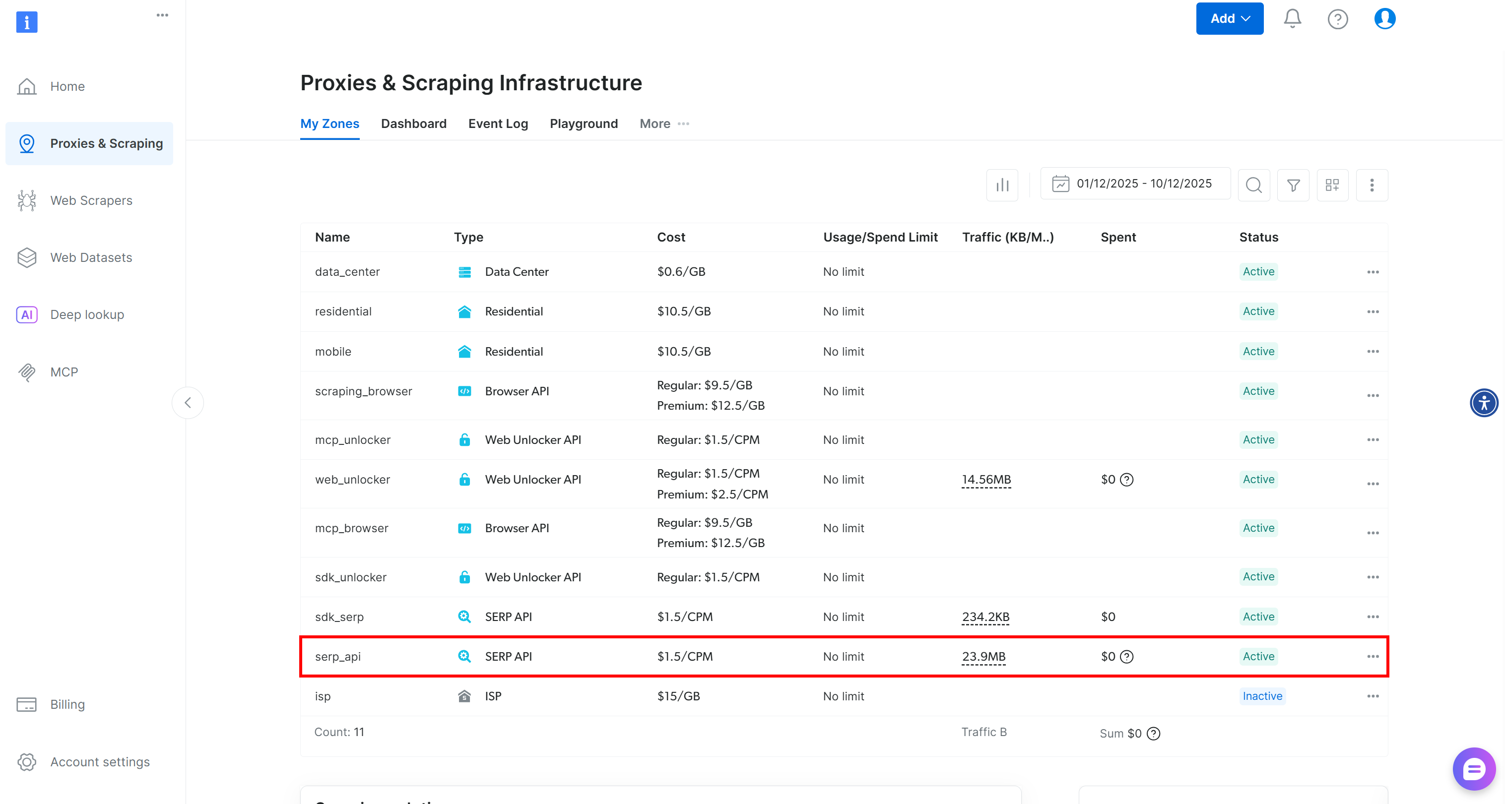 Note the SERP API zone called "serp_api” in your account