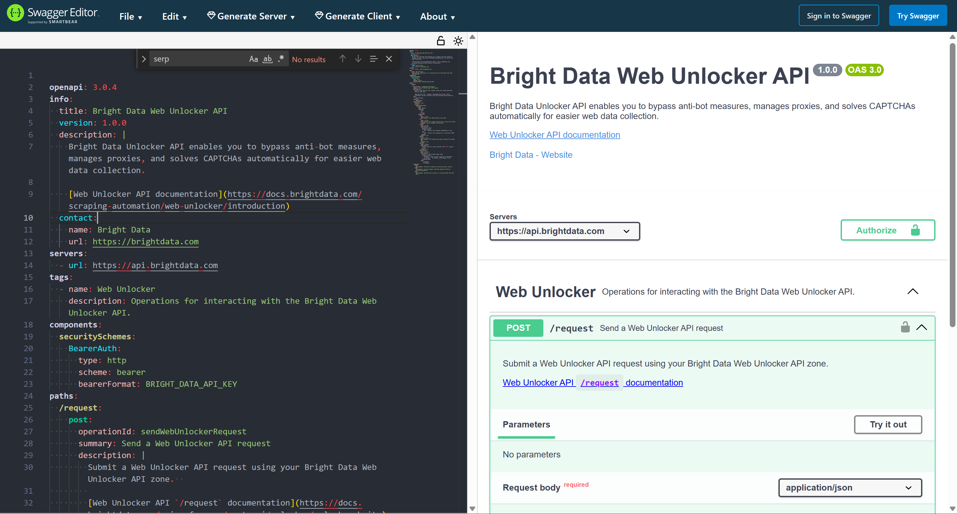 Testing the Bright Data Web Unlocker API specification in Swagger