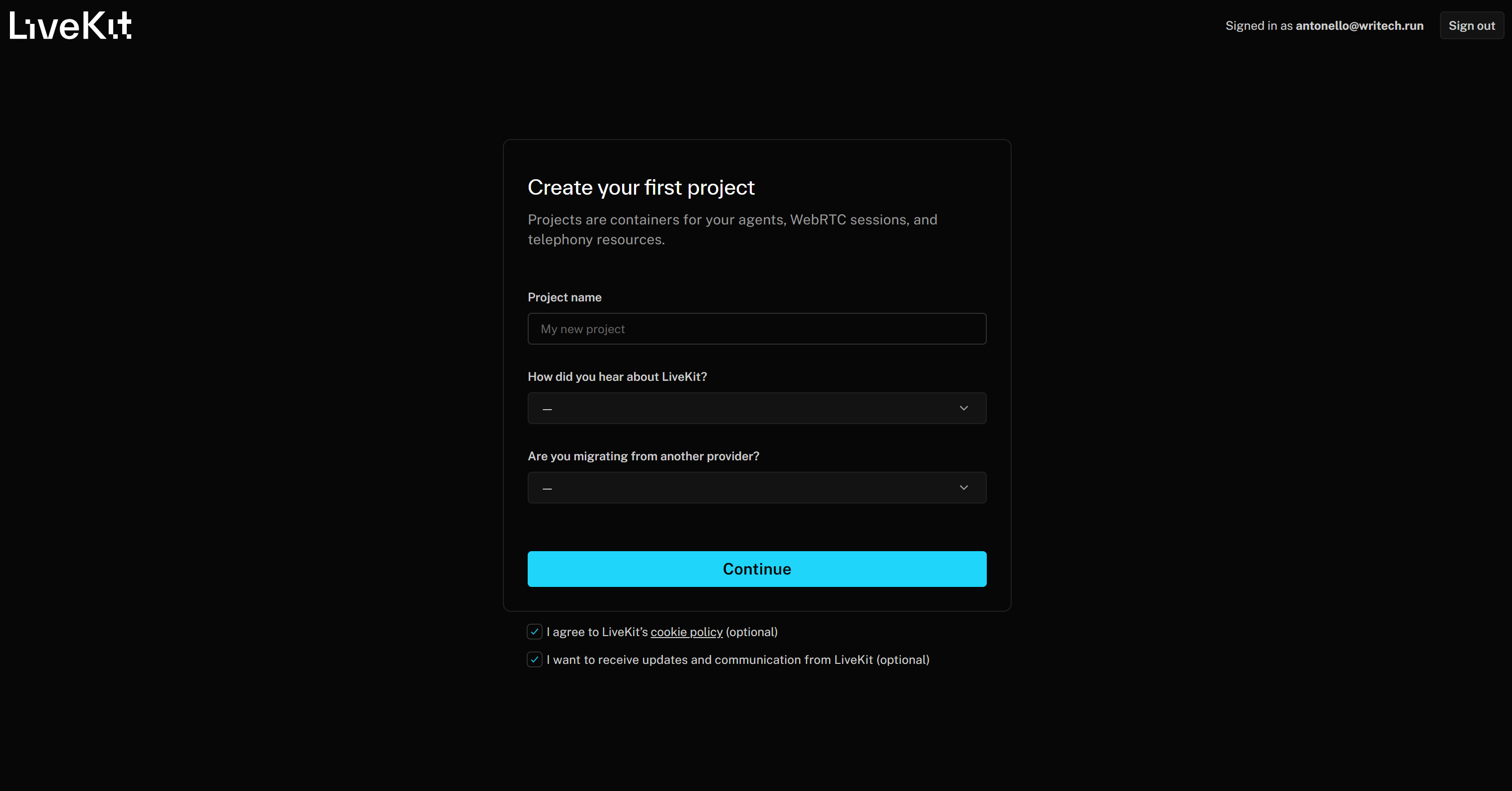 The LiveKit “Create your first project” form