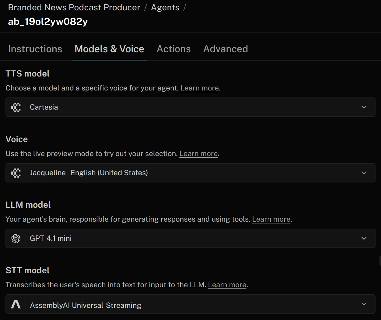 Customizing your AI voice agent in the “Models & Voice” tab