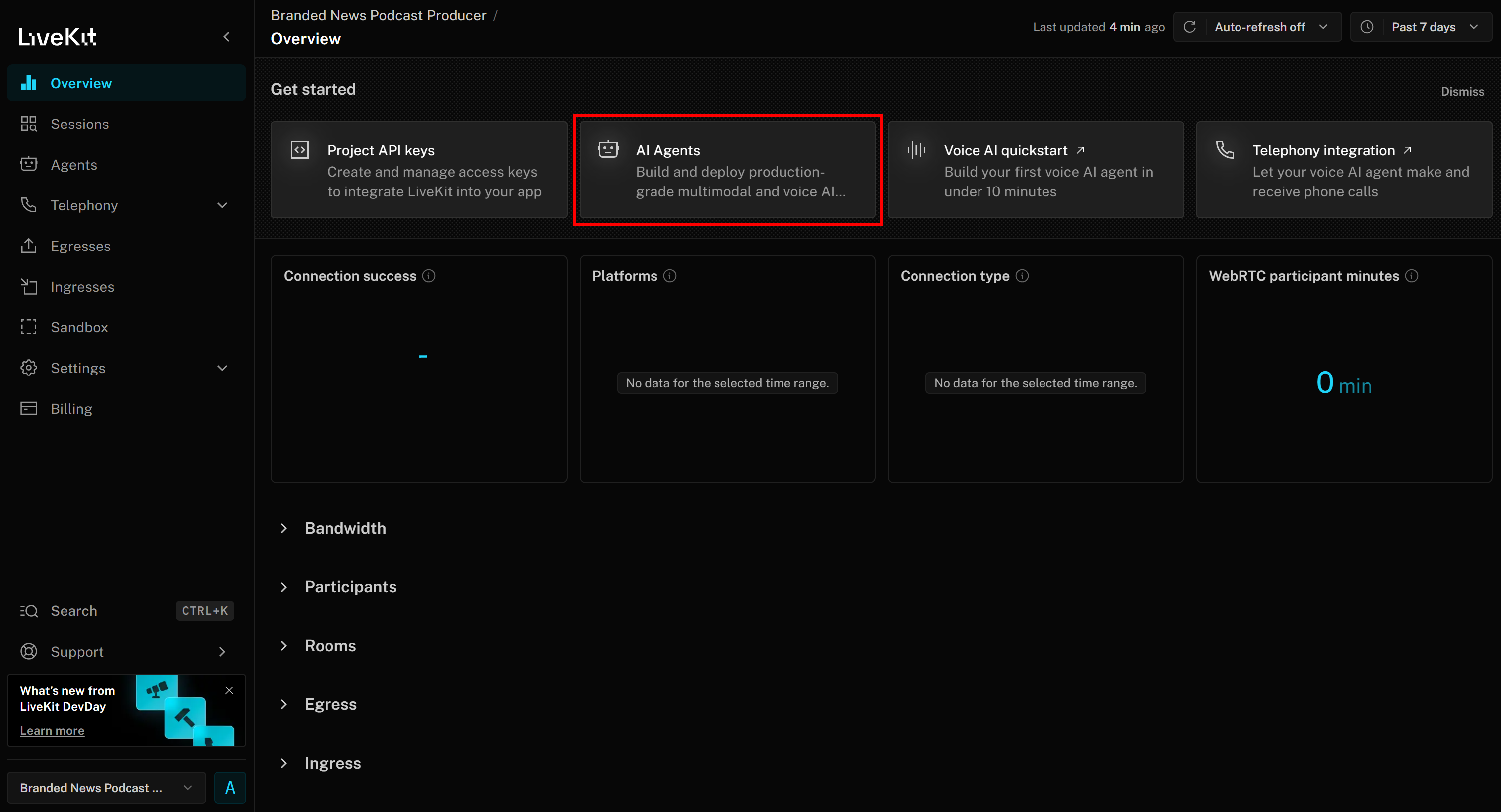 Pressing the “AI Agents” button