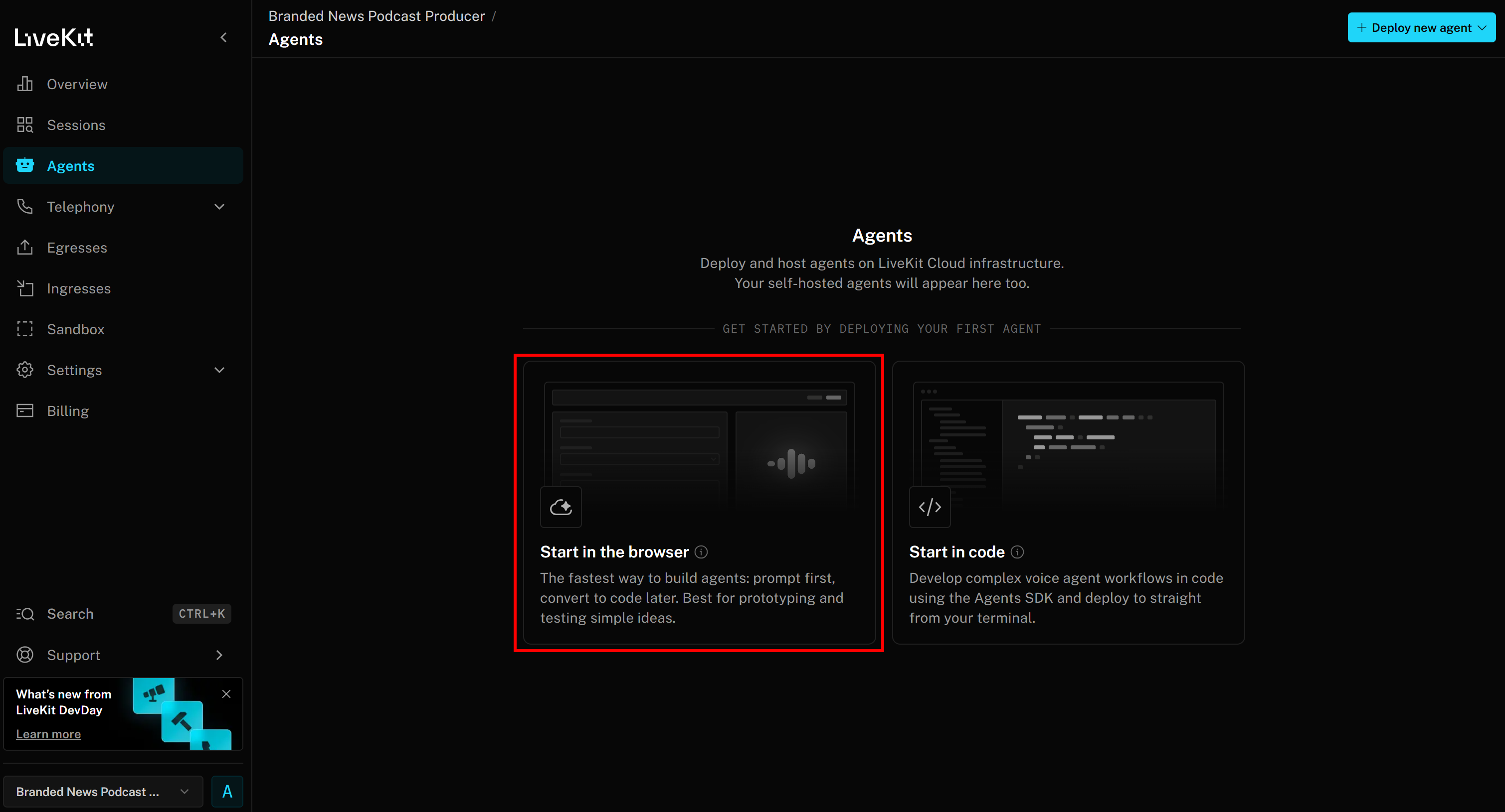 Selecting the “Start in the browser” option