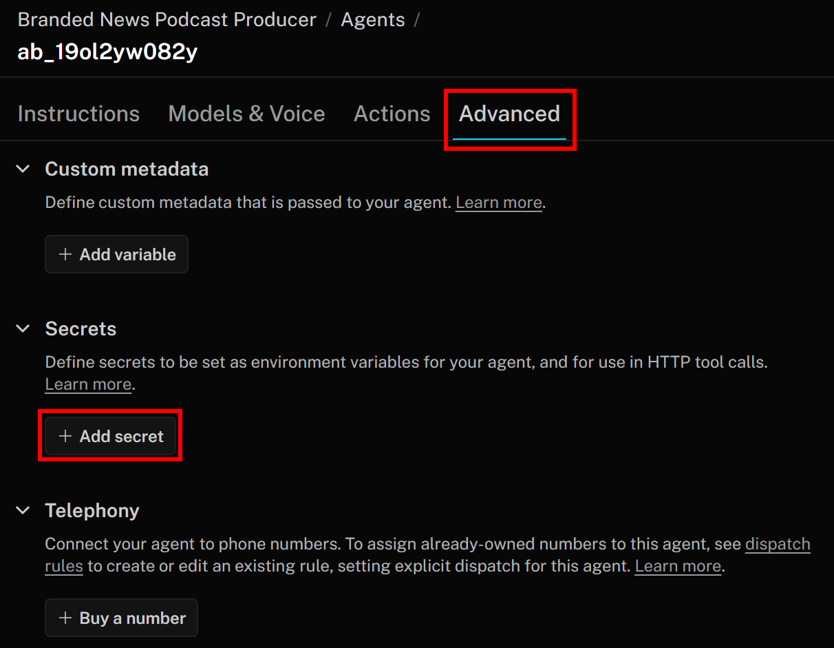 Pressing the “Add secret” button