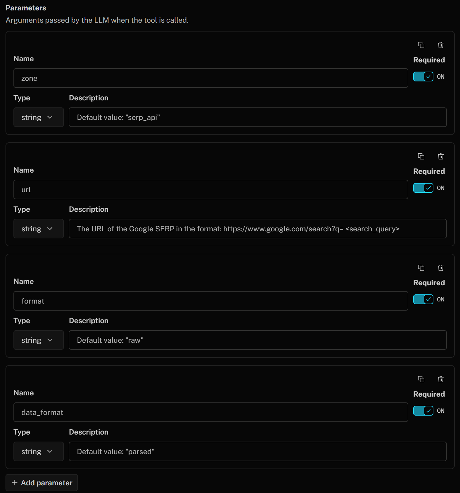 Specifying the tool's paramaters