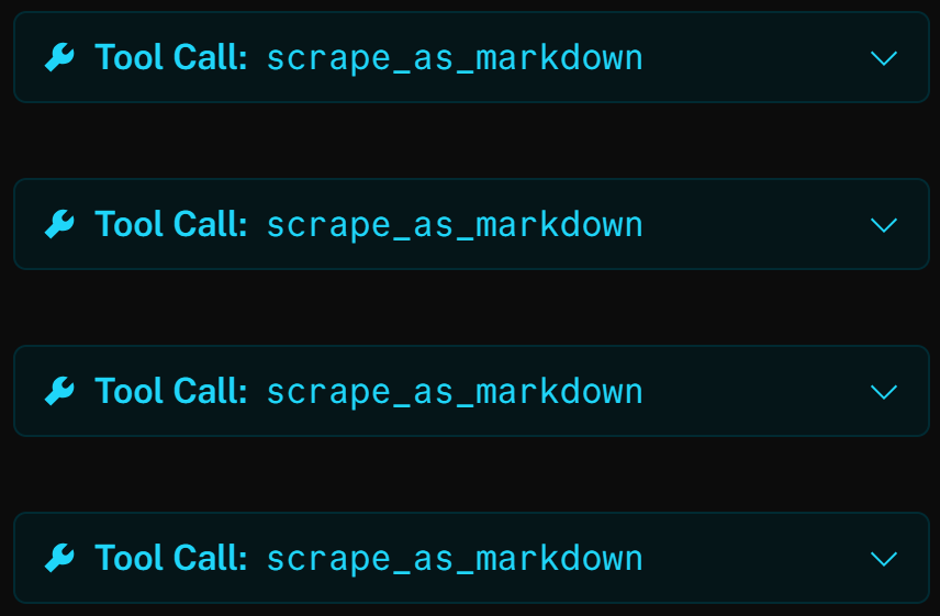 Note the 4 scrape_as_markdown HTTP tool calls