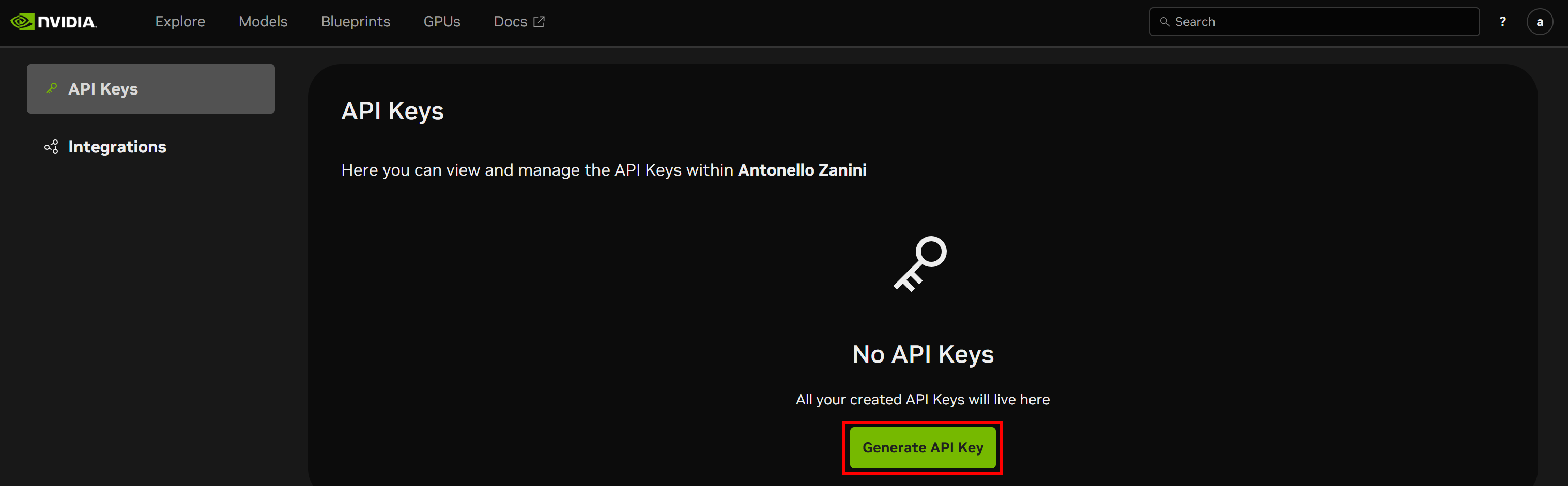 Pressing the “Generate API Key” option