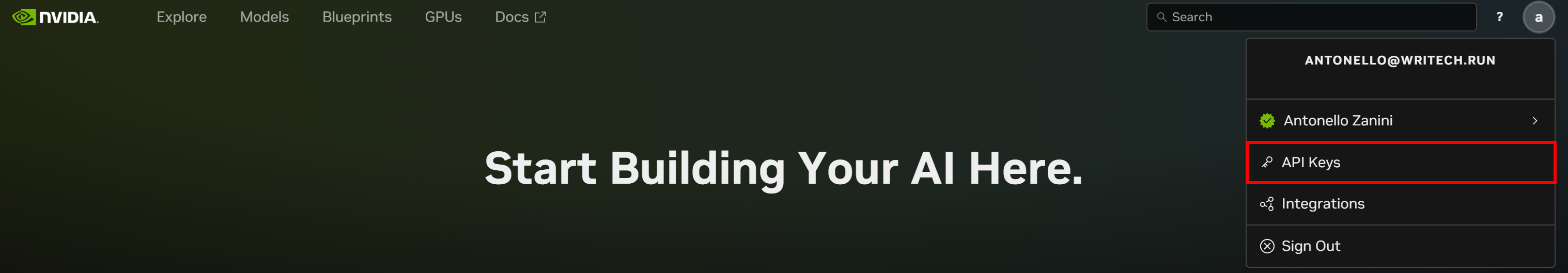 Selecting the “API Keys” option
