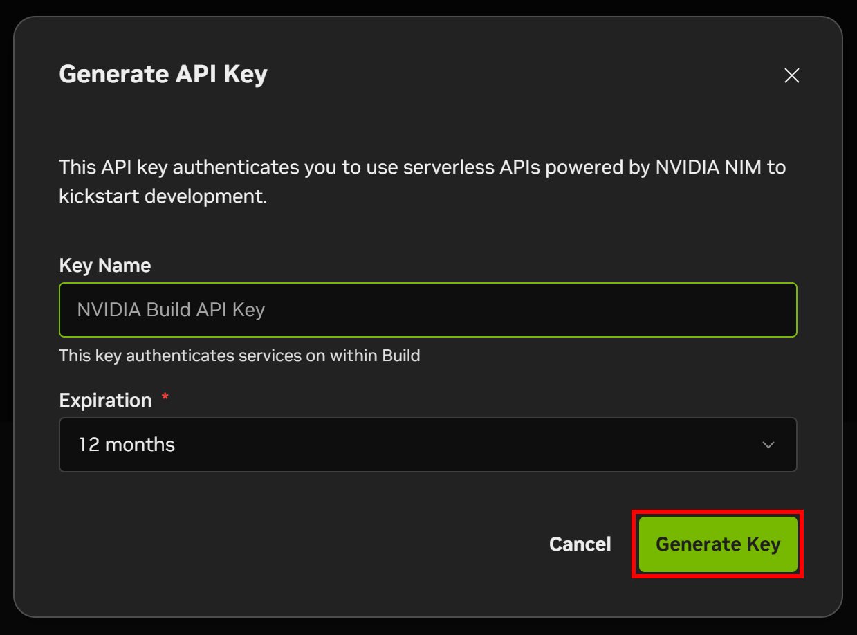 Clicking the “Generate Key” button