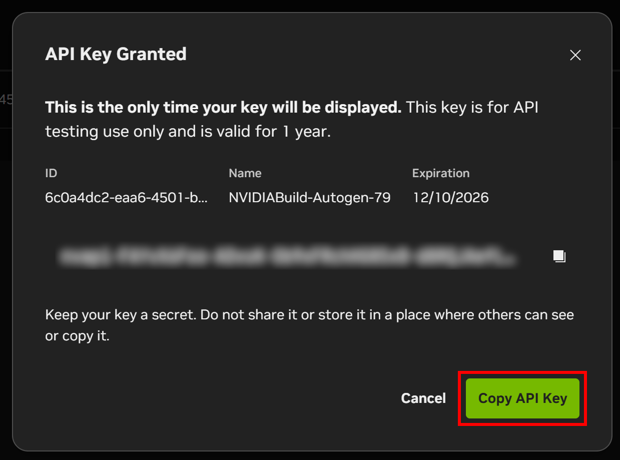 Copying the NVIDIA API key